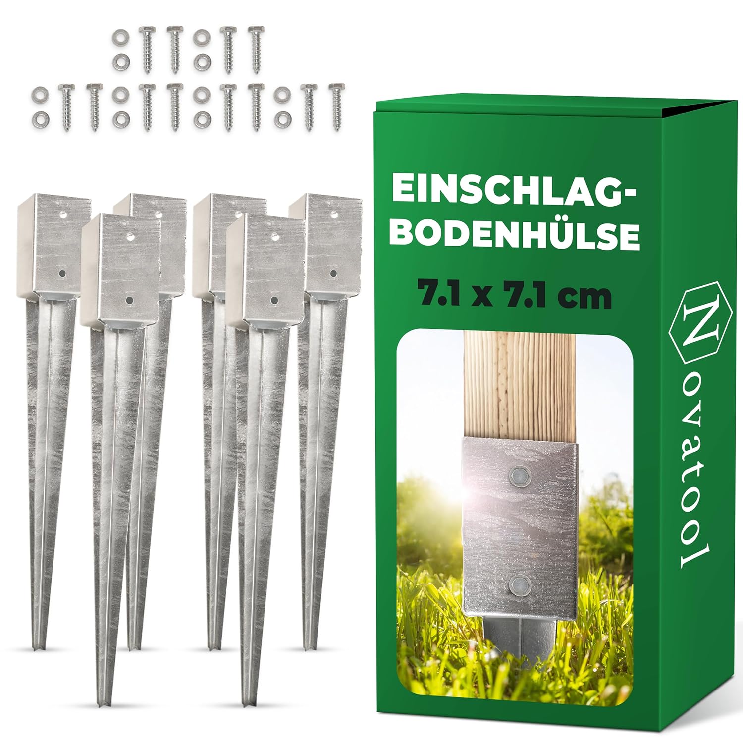 Novatool 6x Einschlagbodenh&uuml;lsen-Set 71x71x750 mm , Bodenh&uuml;lse Sonnenschirm Pfostentr&auml;ger Zaunpfosten Holzpfosten Bodenh&uuml;lsen Einschlagh&uuml;lse Bodenanker Erdspie&szlig; zum Einschlagen , verzinkt , mit Schrauben - Bild 1