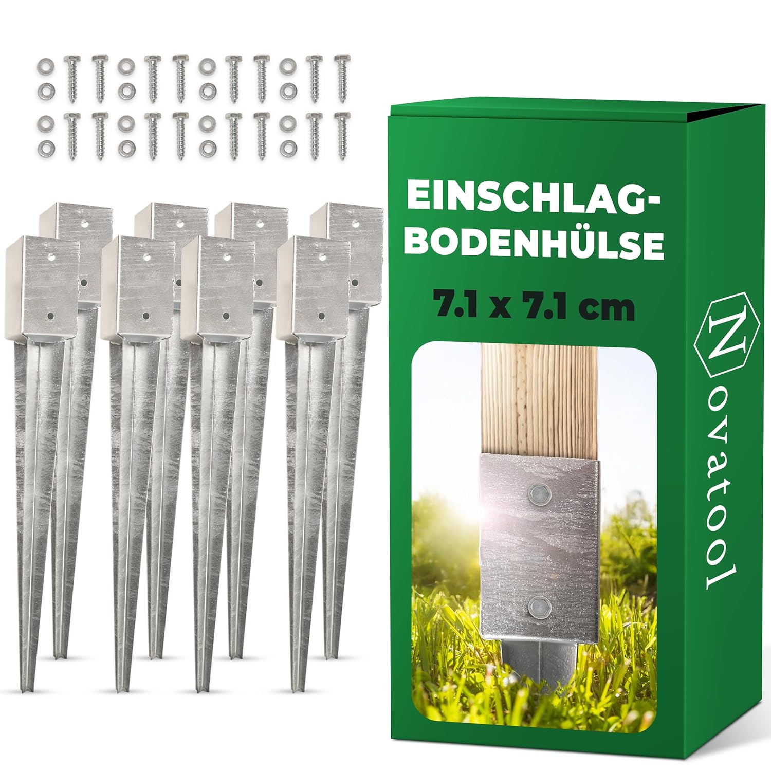 Novatool 8x Einschlagbodenh&uuml;lsen-Set 71x71x750 mm , Bodenh&uuml;lse Sonnenschirm Pfostentr&auml;ger Zaunpfosten Holzpfosten Bodenh&uuml;lsen Einschlagh&uuml;lse Bodenanker Erdspie&szlig; zum Einschlagen , verzinkt , mit Schrauben - Bild 1