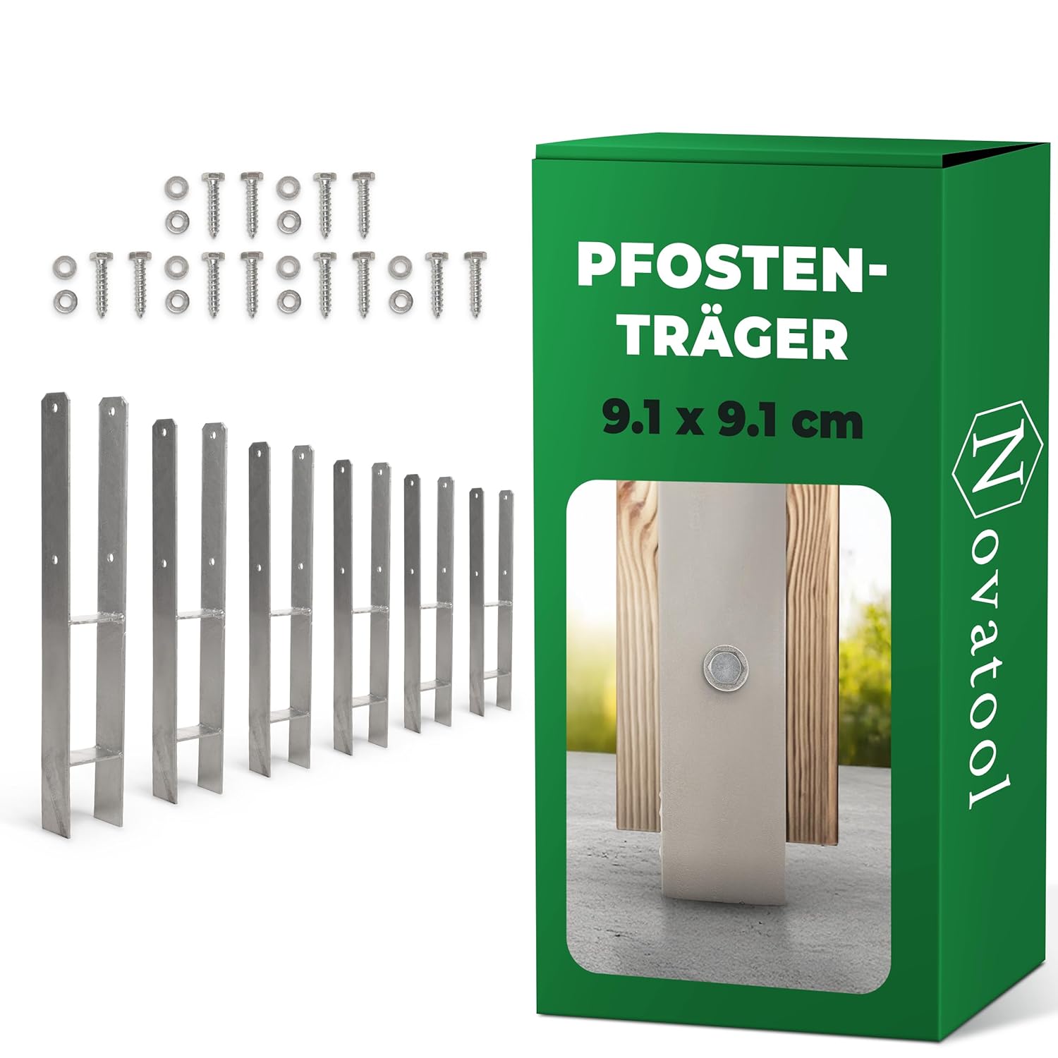 Novatool 6x Einschlagbodenh&uuml;lsen-Set H-Form 91x91x600 mm , Bodenh&uuml;lse Sonnenschirm Pfostentr&auml;ger Zaunpfosten Holzpfosten Bodenh&uuml;lsen Einschlagh&uuml;lse Erdspie&szlig; zum Einschlagen , verzinkt , mit Schrauben - Bild 1