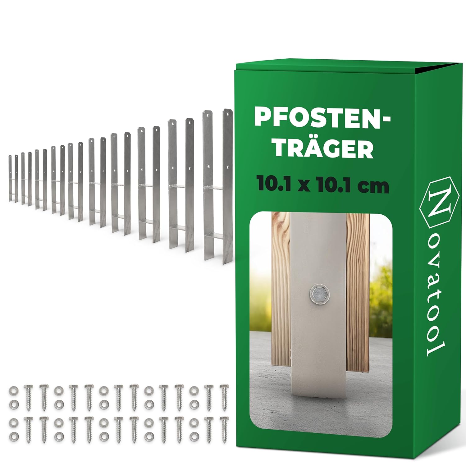 Novatool 10x Einschlagbodenh&uuml;lsen-Set H-Form 101x101x600 mm , Bodenh&uuml;lse Sonnenschirm Pfostentr&auml;ger Zaunpfosten Holzpfosten Bodenh&uuml;lsen Einschlagh&uuml;lse Erdspie&szlig; zum Einschlagen , verzinkt , mit Schrauben - Bild 1
