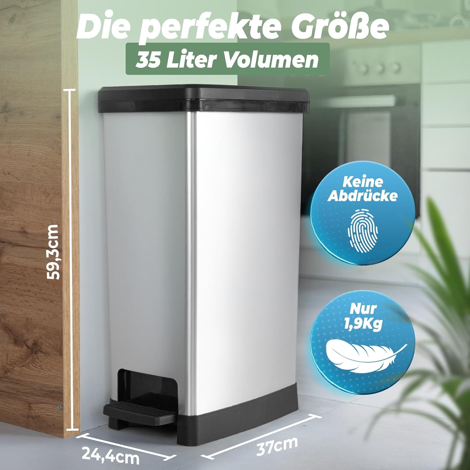 Novaliv Großer Mülleimer mit Deckel - 35L Tretmülleimer mit Soft-Close-System - Stabiler Abfalleimer mit Deckel & Fußpedal - Geruchsdichter Mülleimer Küche u.v.m