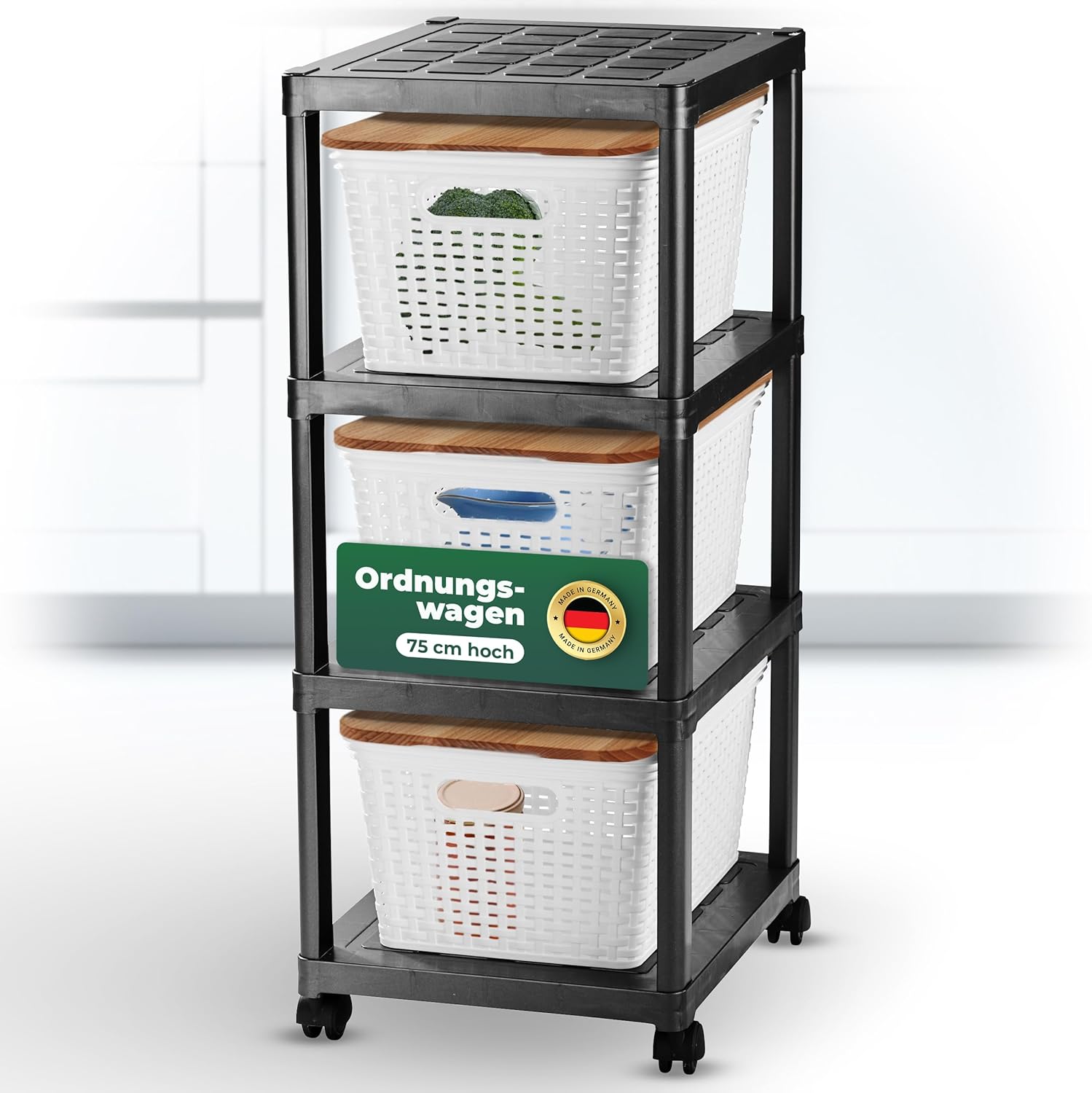 Novaliv Rollwagen 4 Etagen mit 3x Rattankorb & Holz-Deckel, Badezimmer-Regal Badregal Bad K&uuml;che, Ordnungswagen Beistellwagen Allzweckwagen Putzwagen Ordnungswagen, Aufbewahrung Lager Organizer - Bild 1