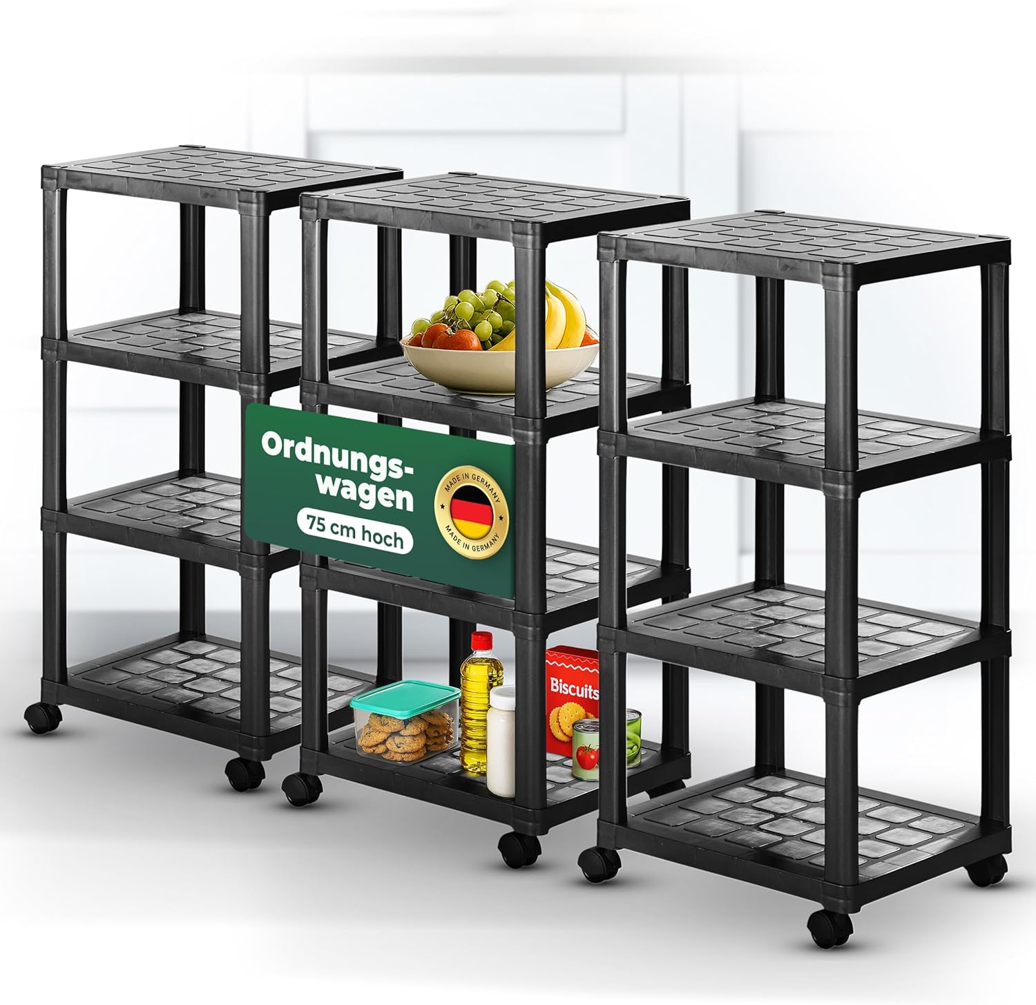 Novaliv 3er-Set Rollwagen mit 4 Etagen Schwarz, Badezimmer-Regal Badregal Bad K&uuml;che Ordnungswagen Beistellwagen Allzweckwagen Putzwagen Ordnungswagen Schrank Bastelwagen Aufbewahrung Organizer - Bild 1