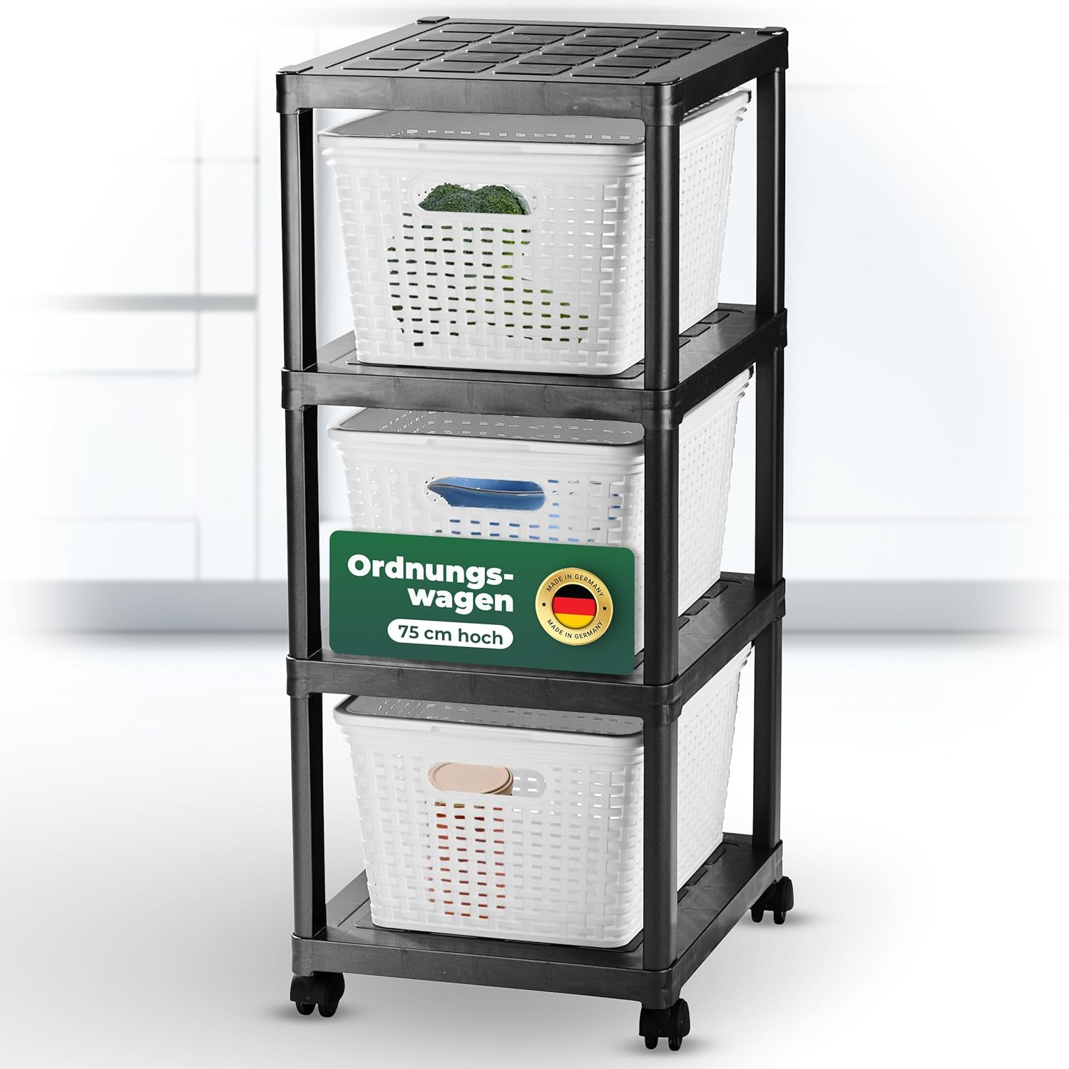 Novaliv Rollwagen 4 Etagen mit 3x Rattankorb & Deckel Wei&szlig;, Badezimmer-Regal Badregal Bad K&uuml;che, Ordnungswagen Beistellwagen Allzweckwagen Putzwagen Ordnungswagen, Aufbewahrung Lager Organizer - Bild 1