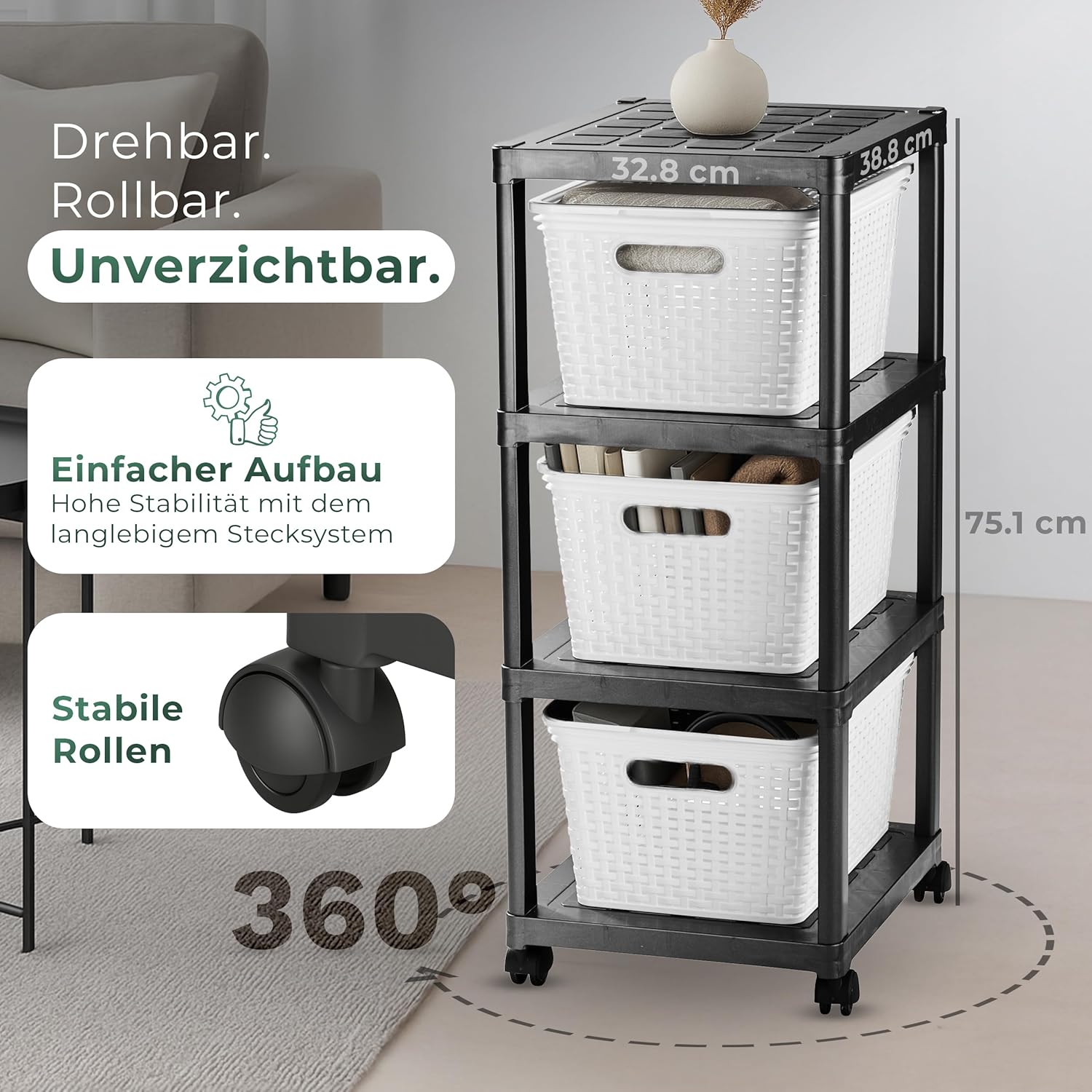 Novaliv Rollwagen 4 Etagen mit 3x Rattankorb & Deckel Wei,  Badezimmer-Regal Badregal Bad Kche, Ordnungswagen Beistellwagen  Allzweckwagen Putzwagen Ordnungswagen, Aufbewahrung Lager Organizer online  kaufen bei Netto