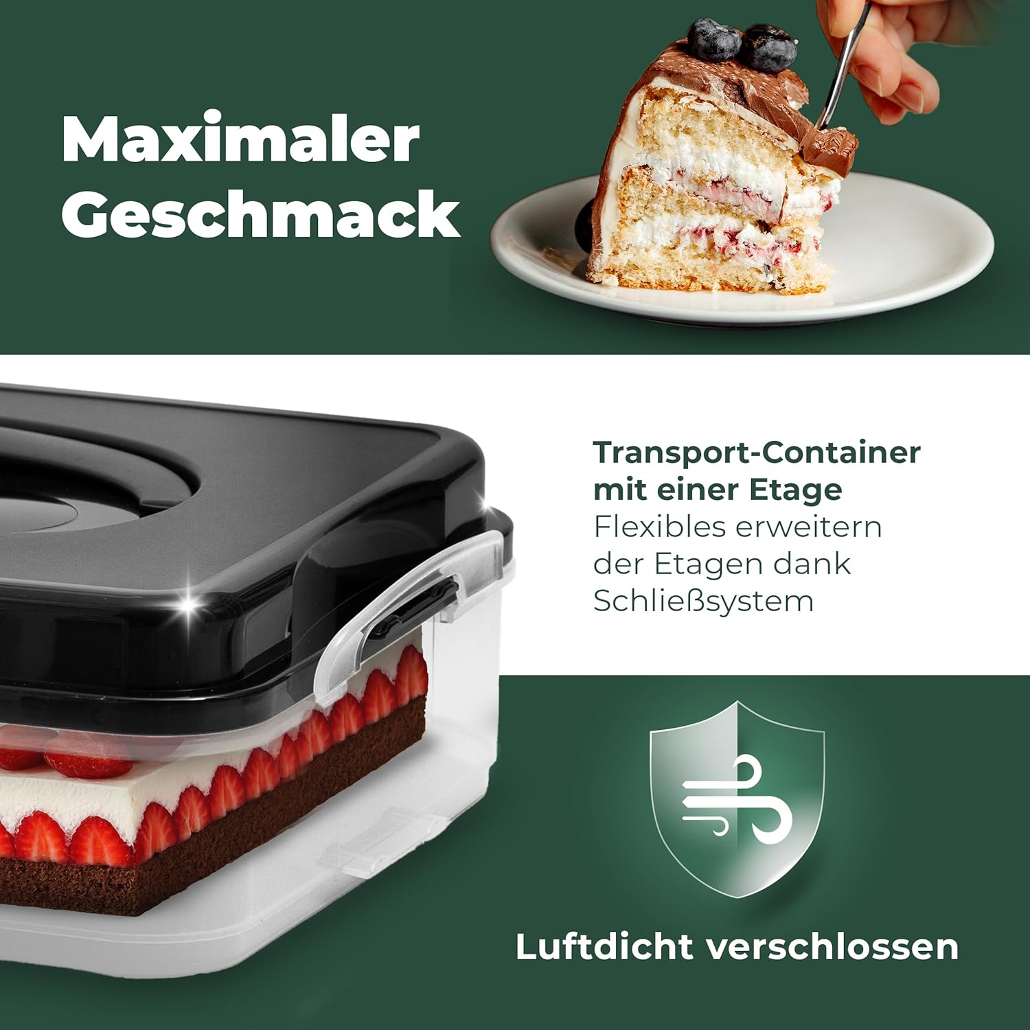 Novaliv Kuchen-Transportbox mit zwei Etagen und Deckel (Rechteckig 40 x 30 cm) Aufbewahrungsbox mit Sicherheitsverschluss & Einlage Party-Bo