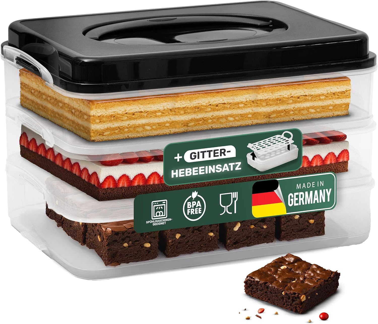Novaliv Kuchen-Transportbox mit drei Etagen und Deckel und Einlage (Rechteckig 40 x 30 cm) Aufbewahrungsbox mit Sicherheitsverschluss Party-Box Container Tortentransportbox Tortenbeh&auml;lter - Bild 1