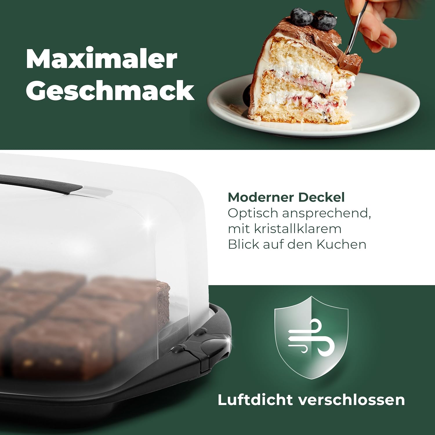 Novaliv Kuchen-Transportbox (Rechteckig 38 x 33 x 15 cm), Aufbewahrungsbox mit Deckel für Kuchen & Torten, Tortentransportbox Tortenglocke T