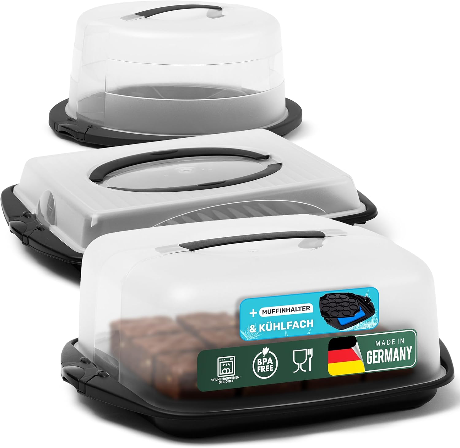 Novaliv Kuchen-Transportbox 3er Set Rund, Eckig und Rechteckig gro&szlig; Aufbewahrungsboxen mit Deckel Torte Kuchen Dessert, Party-Box Container Tortentransportbox Tortenbeh&auml;lter Transport Beh&auml;lter - Bild 1