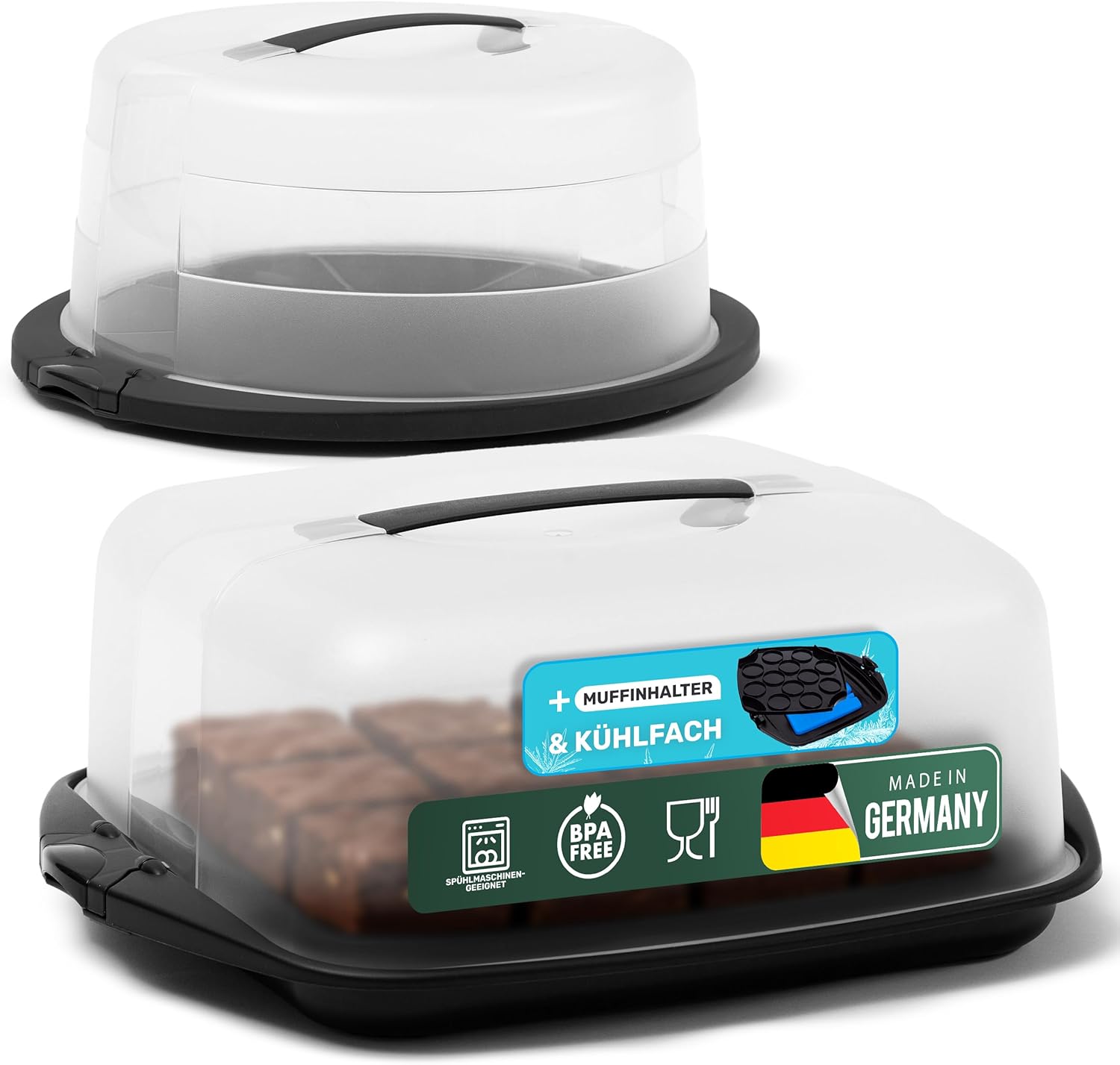 Novaliv Kuchen-Transportbox 2er Set Rund und Eckig gro&szlig; Aufbewahrungsboxen mit Deckel Torte Kuchen Dessert, Party-Box Container Tortentransportbox Tortenbeh&auml;lter Transport Beh&auml;lter Box Partyset - Bild 1