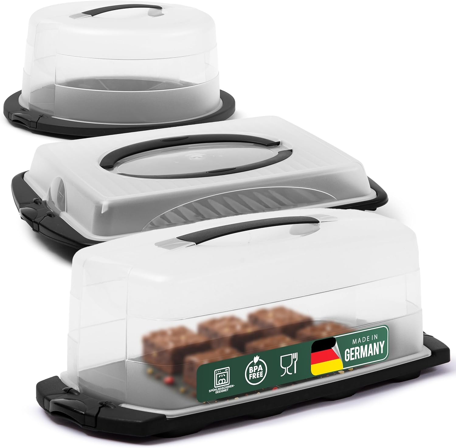 Novaliv Kuchen-Transportbox 3er Set Rund, Eckig und Rechteckig Aufbewahrungsboxen mit Deckel Torte Kuchen Dessert, Party-Box Container Tortentransportbox Tortenbeh&auml;lter Transport Beh&auml;lter Partyset - Bild 1