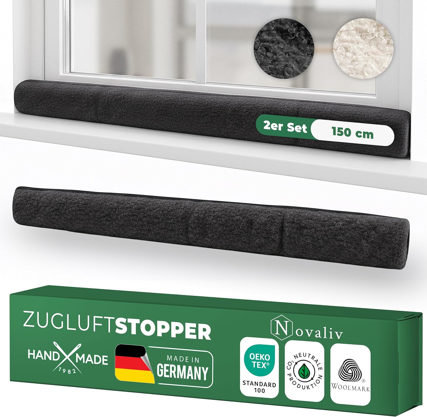 Zugluftstopper f&uuml;r Fenster 150cm Anthrazit Schurwolle - stoppt Zugluft & K&auml;lte, d&auml;mpft L&auml;rm/Staub/Licht, rutscharm, ohne Bohren; f&uuml;r Fensterbank/Rahmen, Spalt abdichten, Innenbereich, 2er-Set - Bild 1