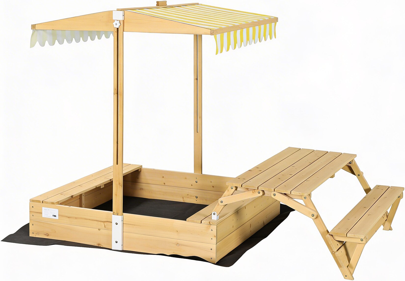 needs&wants® Holz Sandkasten mit Picknicktisch und Dach, Bänken & Abdeckung, Kinder Sandkiste mit klappbarem Deckel, UV-Sonnenschutz, Sandbox quadratisch für Garten Outdoor Spielplatz, 185x110 cm, gelb weiß braun