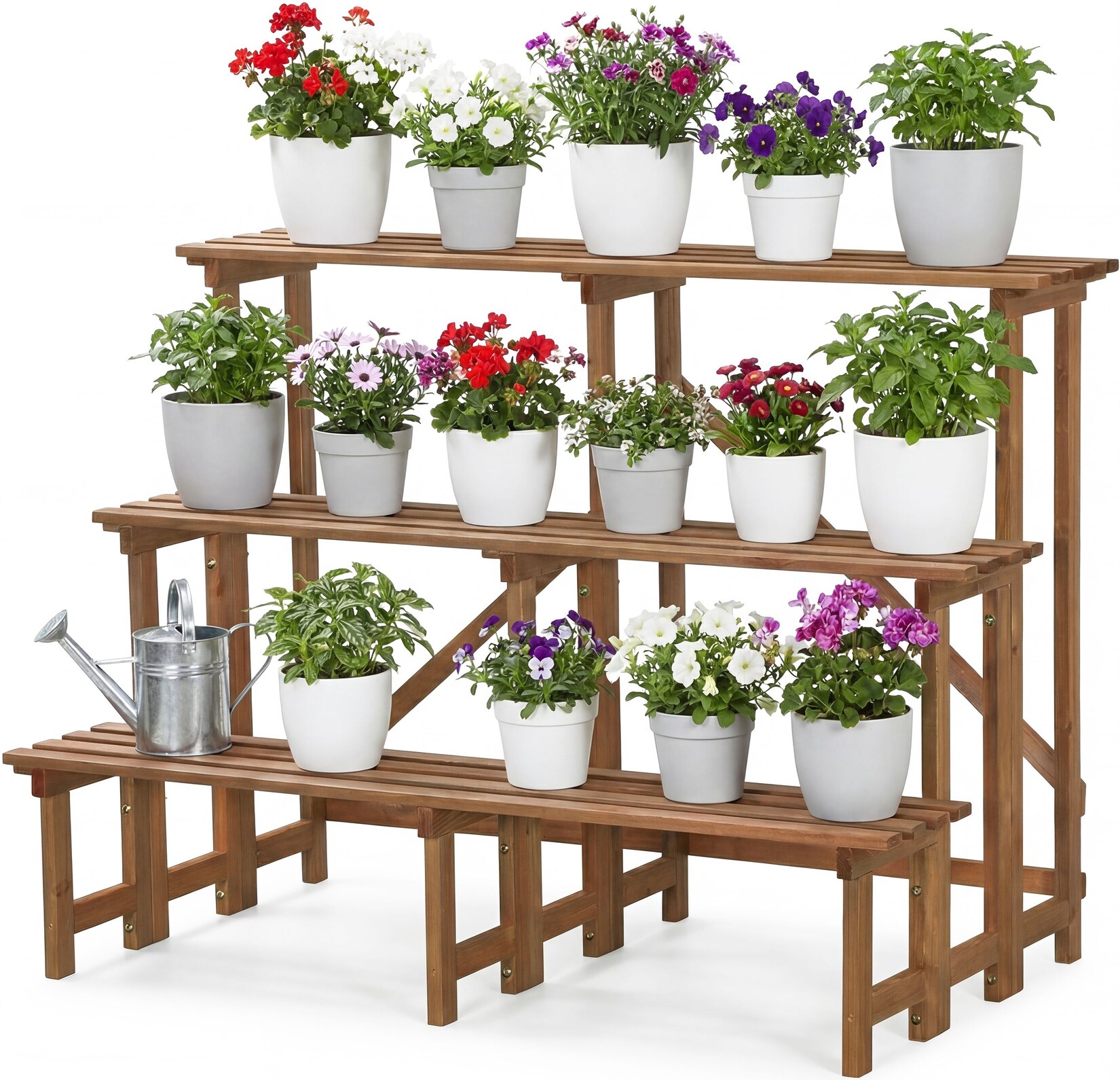 needs&wants® Große Pflanzentreppe Blumentreppe mit 3 Stufen Etagen, Pflanzenständer Blumenständer Pflanzenregal Blumenregal XL aus Holz wetterfest für Outdoor Indoor Balkon Garten draußen innen, 110 x 61 x 80 cm hoch, braun