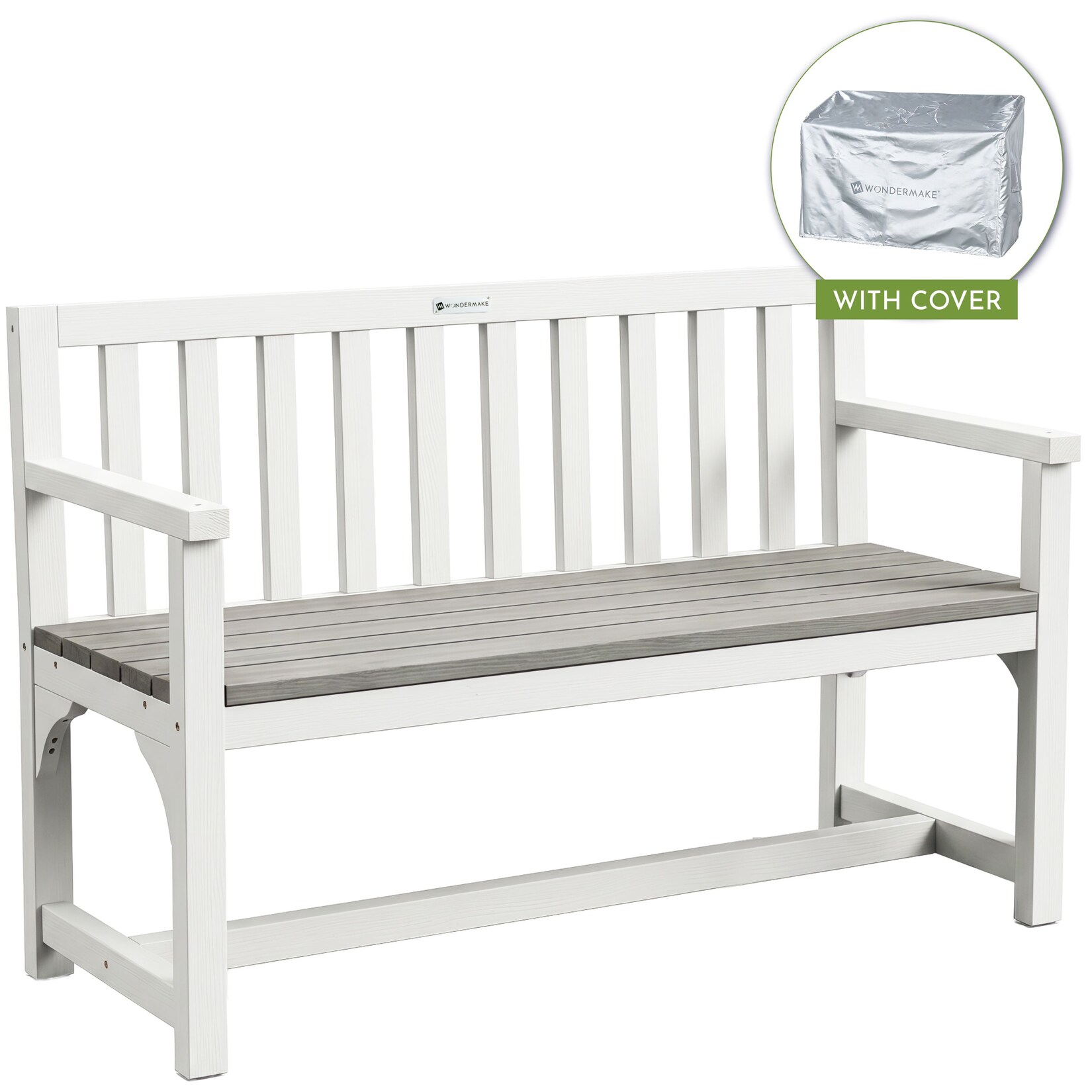 WONDERMAKE® Gartenbank Holz wetterfest mit Abdeckung, 2-Sitzer Holzbank modern, Parkbank Sitzbank massiv Garten Outdoor, Naturholz Massivholz, weiß grau