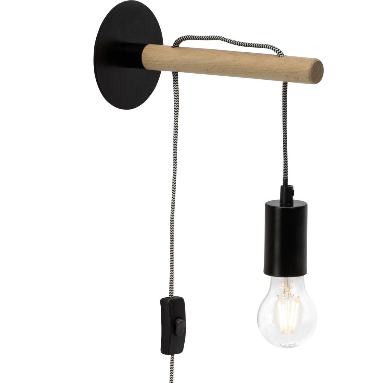 BRILLIANT Lampe Jarbo Wandleuchte Zuleitung schwarz/holzfarbend | 1x A60, E27, 60W, geeignet f&uuml;r Normallampen (nicht enthalten) | Mit Zuleitung und Schnurzwischenschalter - Bild 1