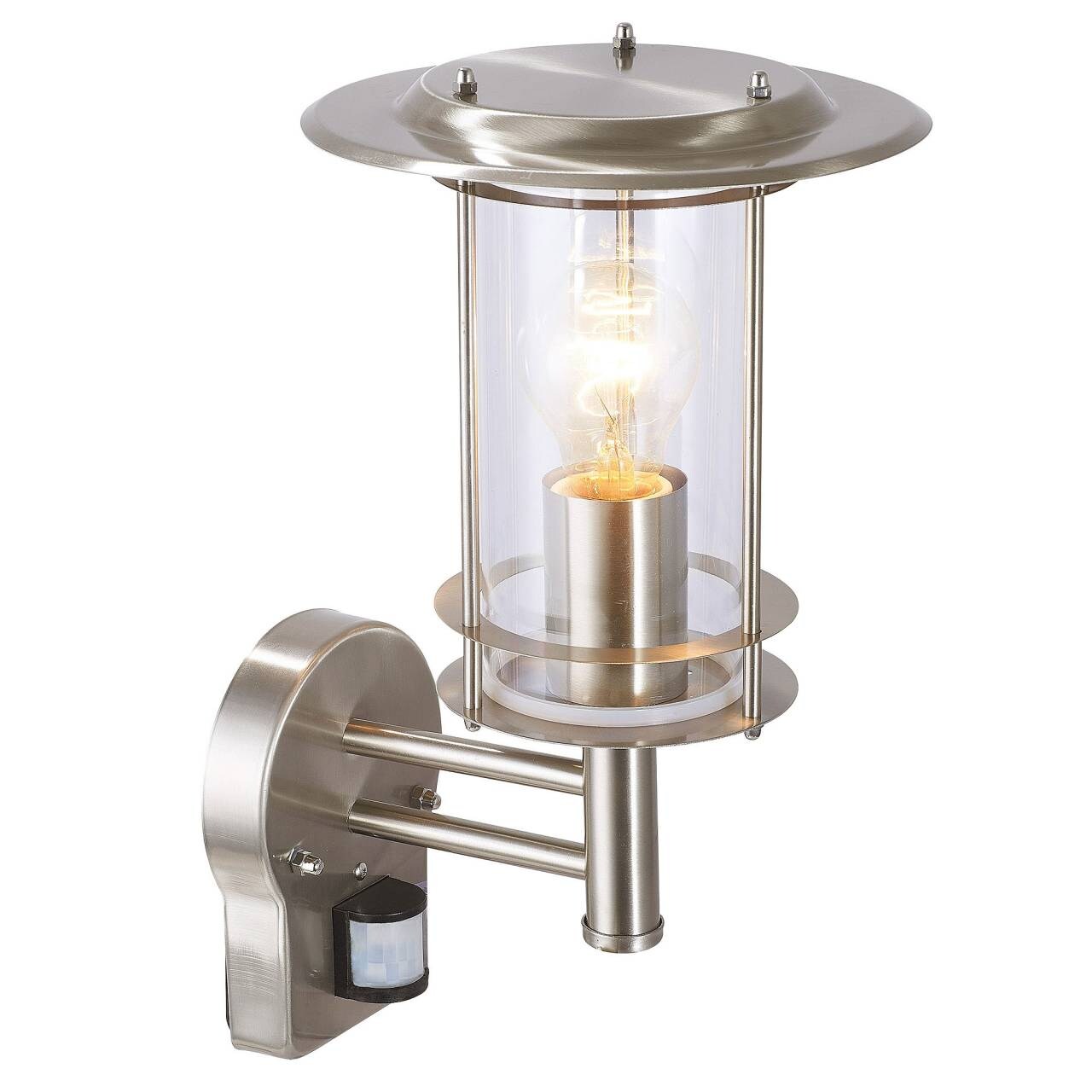 BRILLIANT Lampe York Außenwandleuchte stehend Bewegungsmelder edelstahl   1x A60, E27, 40W, g.f. Normallampen n. ent.   IP-Schutzart: 44 – spritzwassergeschützt   Mit einstellbarem Bewegungsmelder | 04004353031472