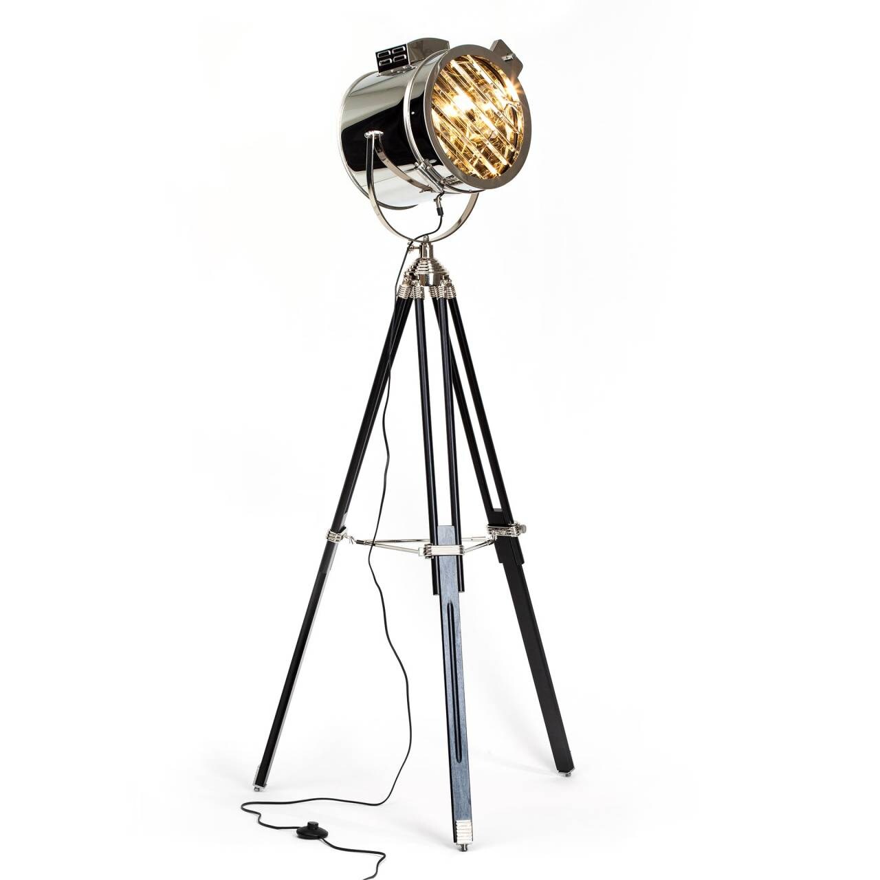 BRILLIANT Lampe Cine Standleuchte dreibeinig schwarz/chrom   1x A60, E27, 60W, g.f. Normallampen n. ent.   Mit Fußschalt