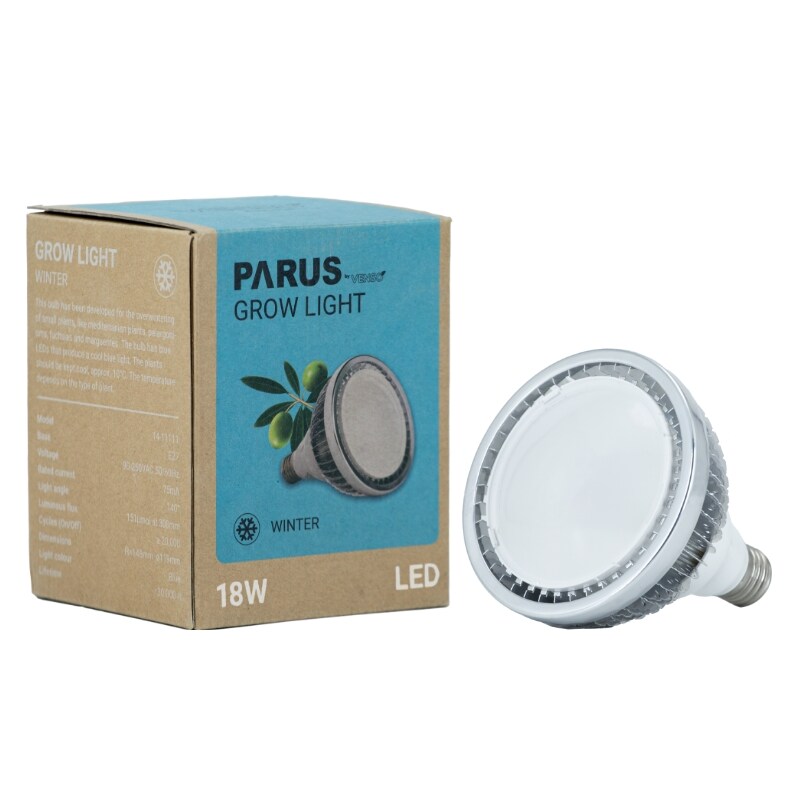Parus by Venso GrowLight Winter E27 LED Pflanzenlampe 18W 140°, Venso Ecosolutions Vollspektrum LED Überwinterungslampe Pflanzenlampe LED Vollspektrum, LED Birne, Vollspektrum E27 Pflanzenlampe Birne | 07350067690069
