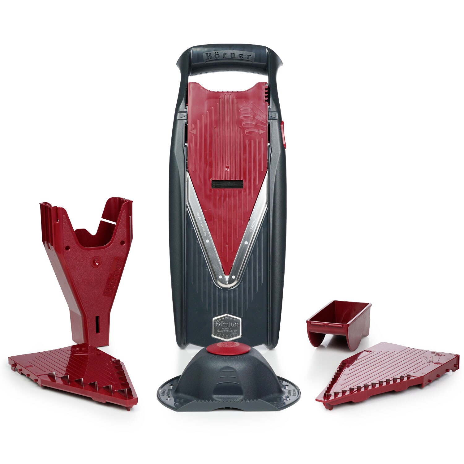 Börner Vital Gemüsehobel Starter Set Rot/Schwarz, mit Dressing Funktion, inkl. Mandoline, Fruchthalter, Dressing, 2x Messereinschub, Schieberbox | 04018093207042