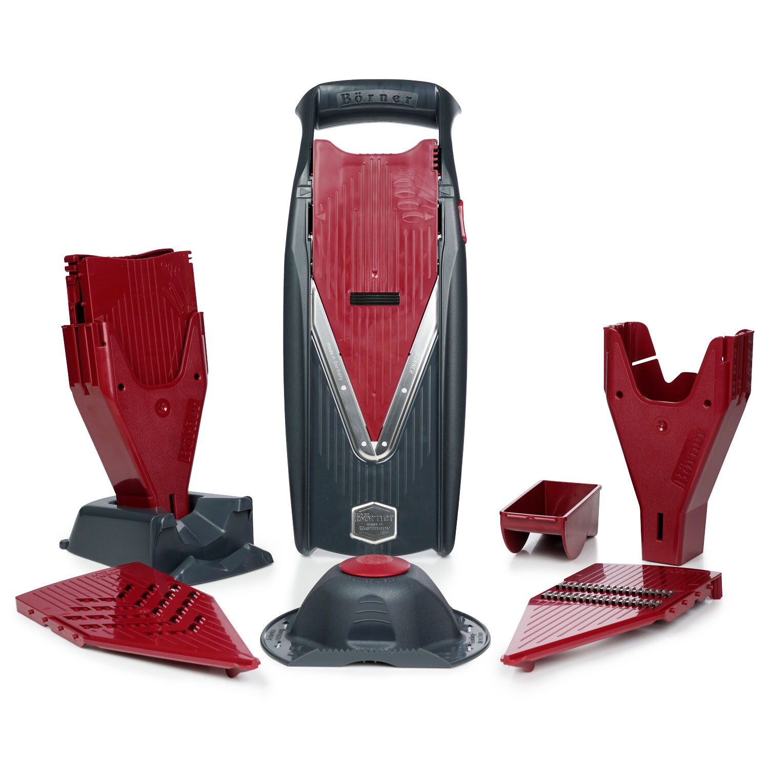 B&ouml;rner Vital Gem&uuml;sehobel Profi Set Rot/Schwarz, mit Dressing Funktion, inkl. Mandoline, Fruchthalter, Marinierrolle, 2x Messereinschub, Schieberbox, Dockingstation - Bild 1