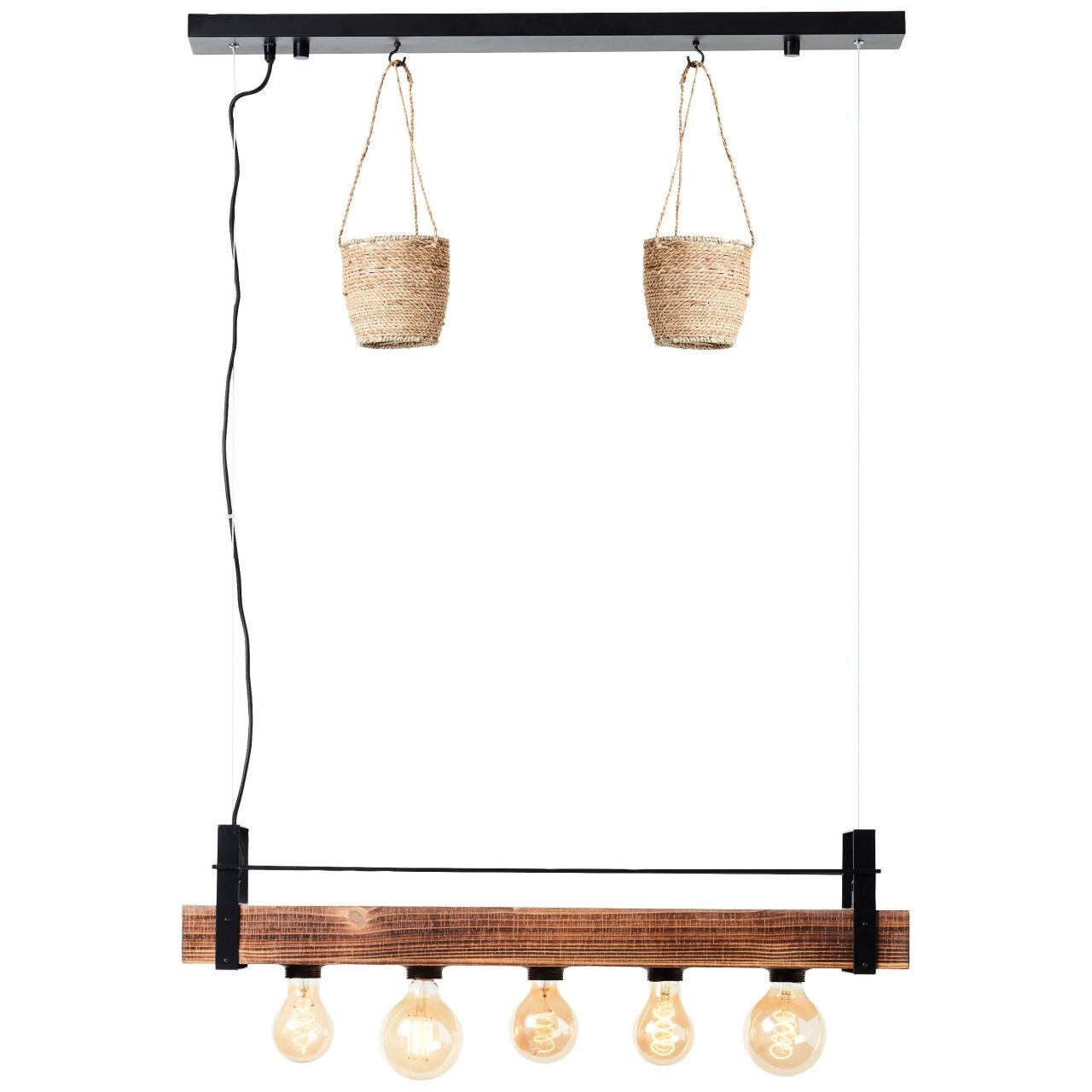BRILLIANT Lampe, Bankwood Pendelleuchte 5flg schwarz/holzfarbend, 5x A60, E27, 28W, Holz aus nachhaltiger Waldwirtschaft (FSC) | 04004353396588