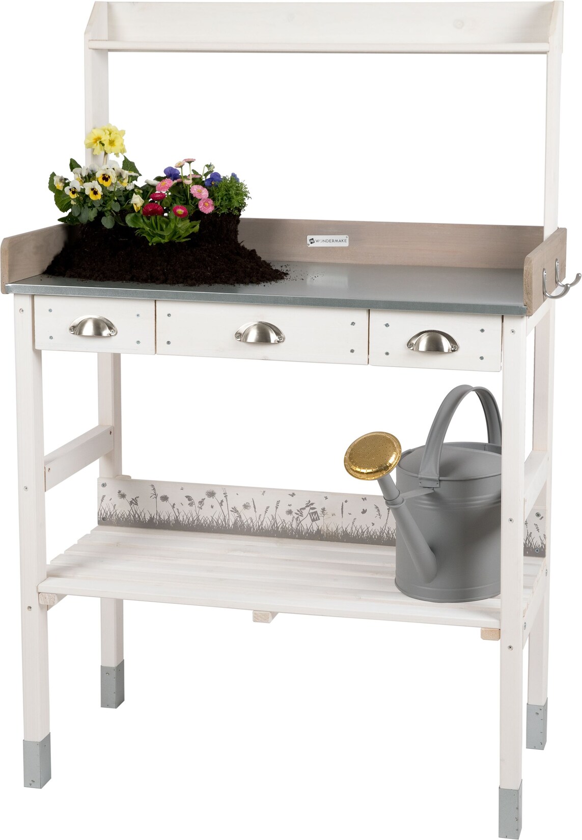 WONDERMAKE® Großer Pflanztisch weiß mit 3 Schubladen aus Holz wetterfest, Garten-Arbeitstisch XL für Outdoor draußen Balkon hochwertig, Gärtnertisch, 85 x 45 x 130 cm, weiß grau | 04065827110031