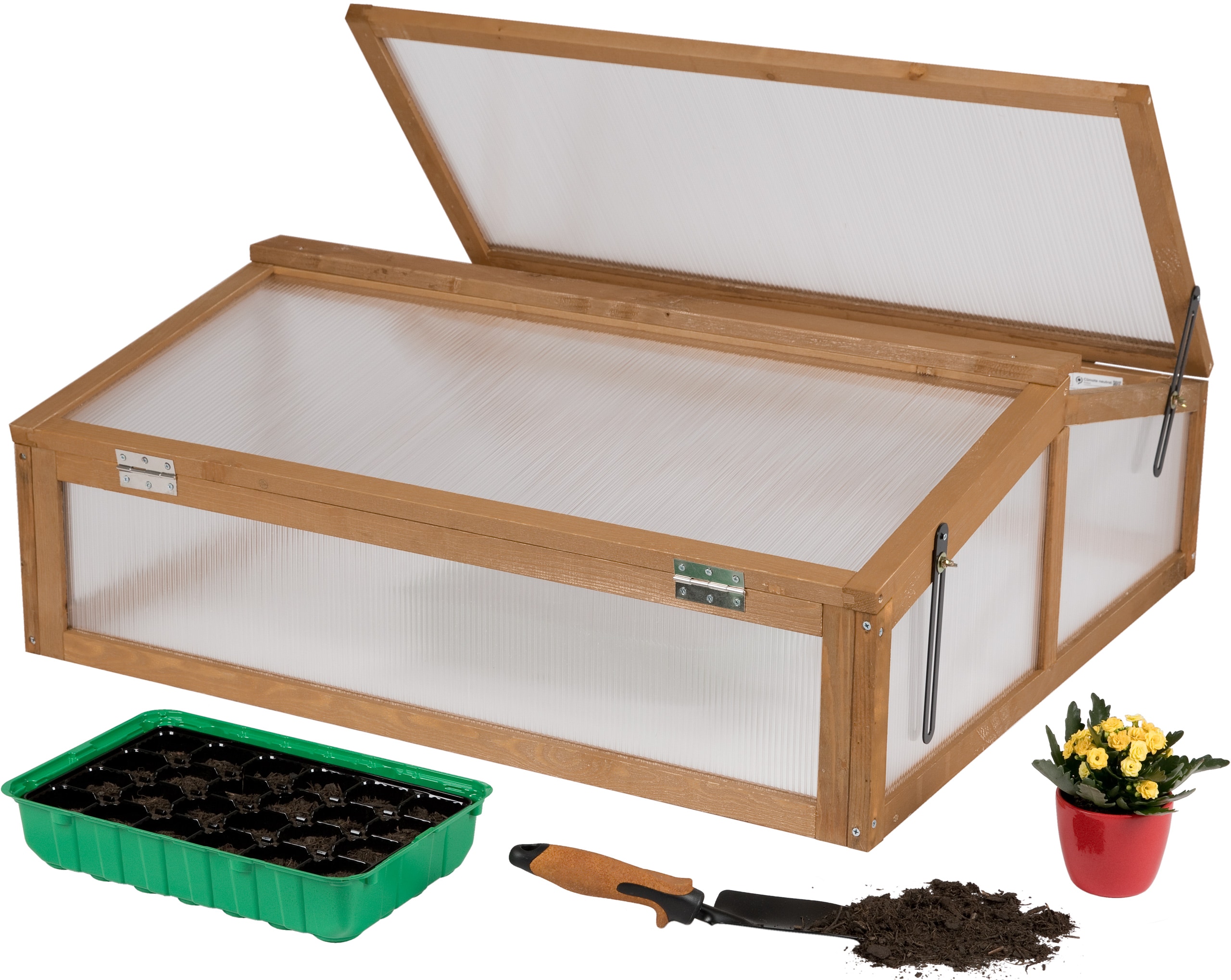 needs&wants&reg; Fr&uuml;hbeet Aufsatz klein aus Holz Bausatz, Fr&uuml;hbeetkasten mit Abdeckung Gew&auml;chshaus mit Deckel wetterfest f&uuml;r Garten Balkon Outdoor, 90x82x32 cm, Polycarbonat, dunkel-braun - Bild 1