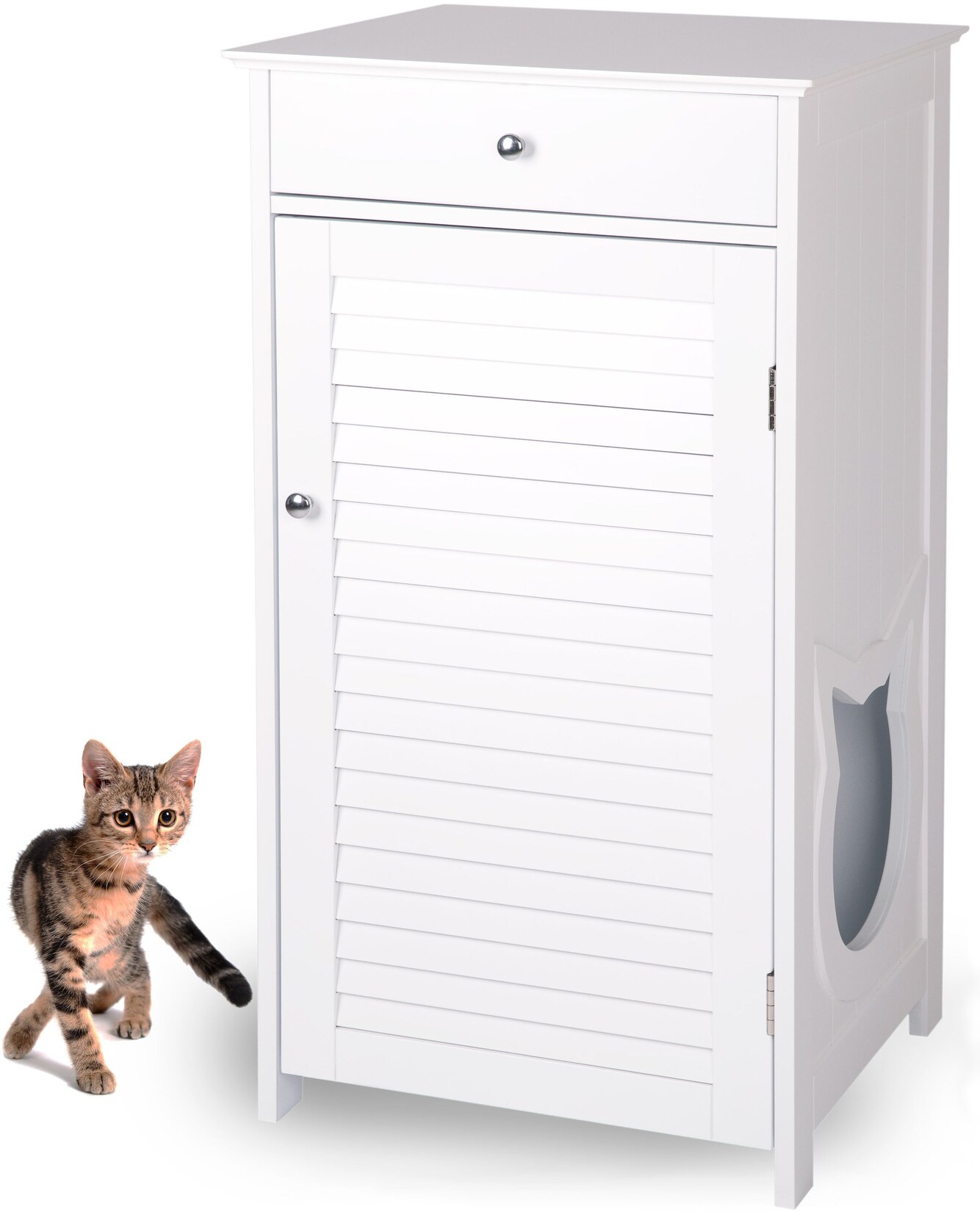 WONDERMAKE® Katzenschrank für Katzentoilette groß hoch aus Holz, Katzenklo-Schrank Kommode mit Schublade und Tür geschlossen, Design Katzen-Haus Toilette Klo XL, 51 x 46 x 96 cm, weiß | 04065827610012