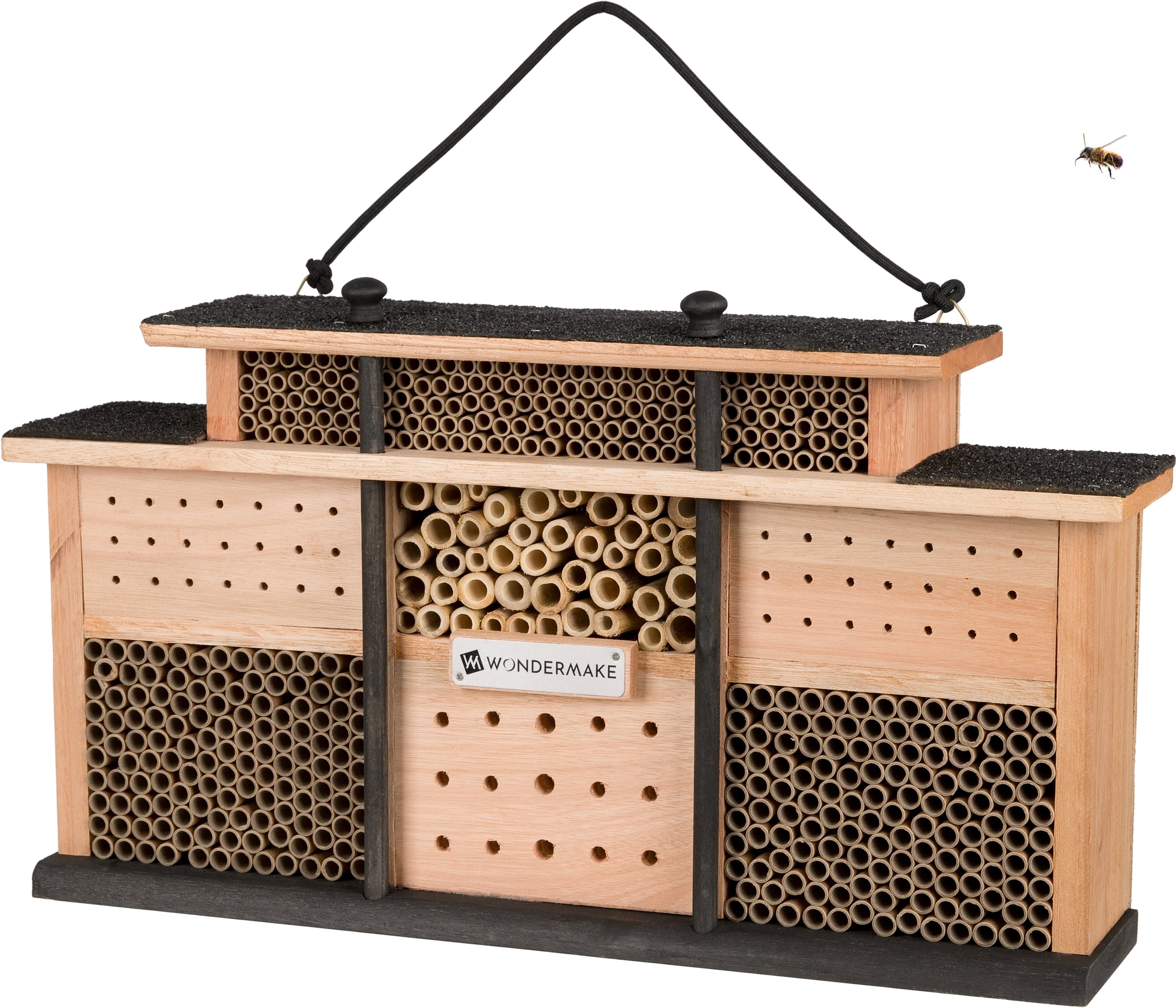 WONDERMAKE&reg; Design Insektenhotel aus Eukalyptus-Holz mit 7 Zimmern und Terrasse, Bienenhotel gro&szlig; h&auml;ngend Nisthilfe f&uuml;r Wildbienen, 48 x 10,5 x 27 cm, braun schwarz - Bild 1