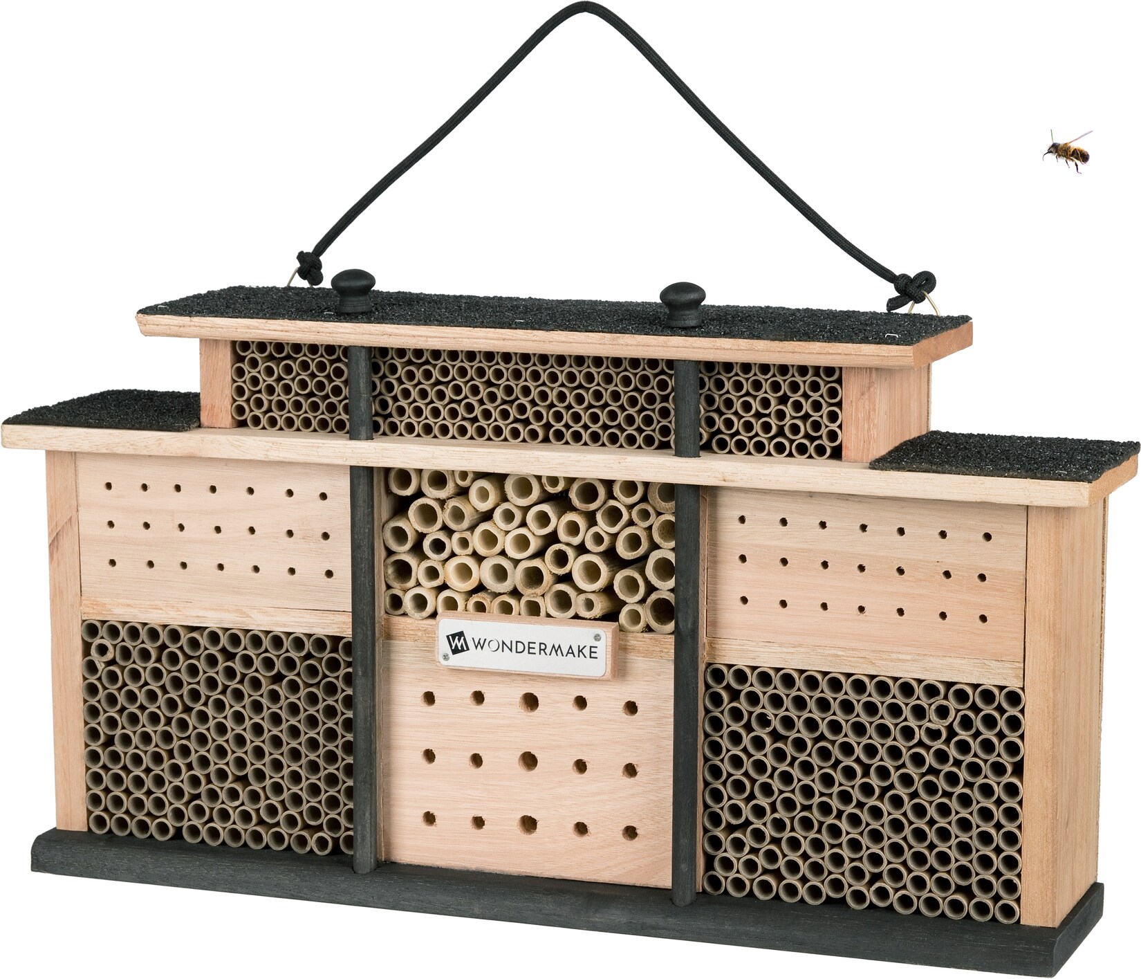 WONDERMAKE® Design Insektenhotel aus Holz mit 7 Zimmern und Terrasse, Bienenhotel groß hängend Nisthilfe für Wildbienen, 48 x 10,5 x 27 cm, …