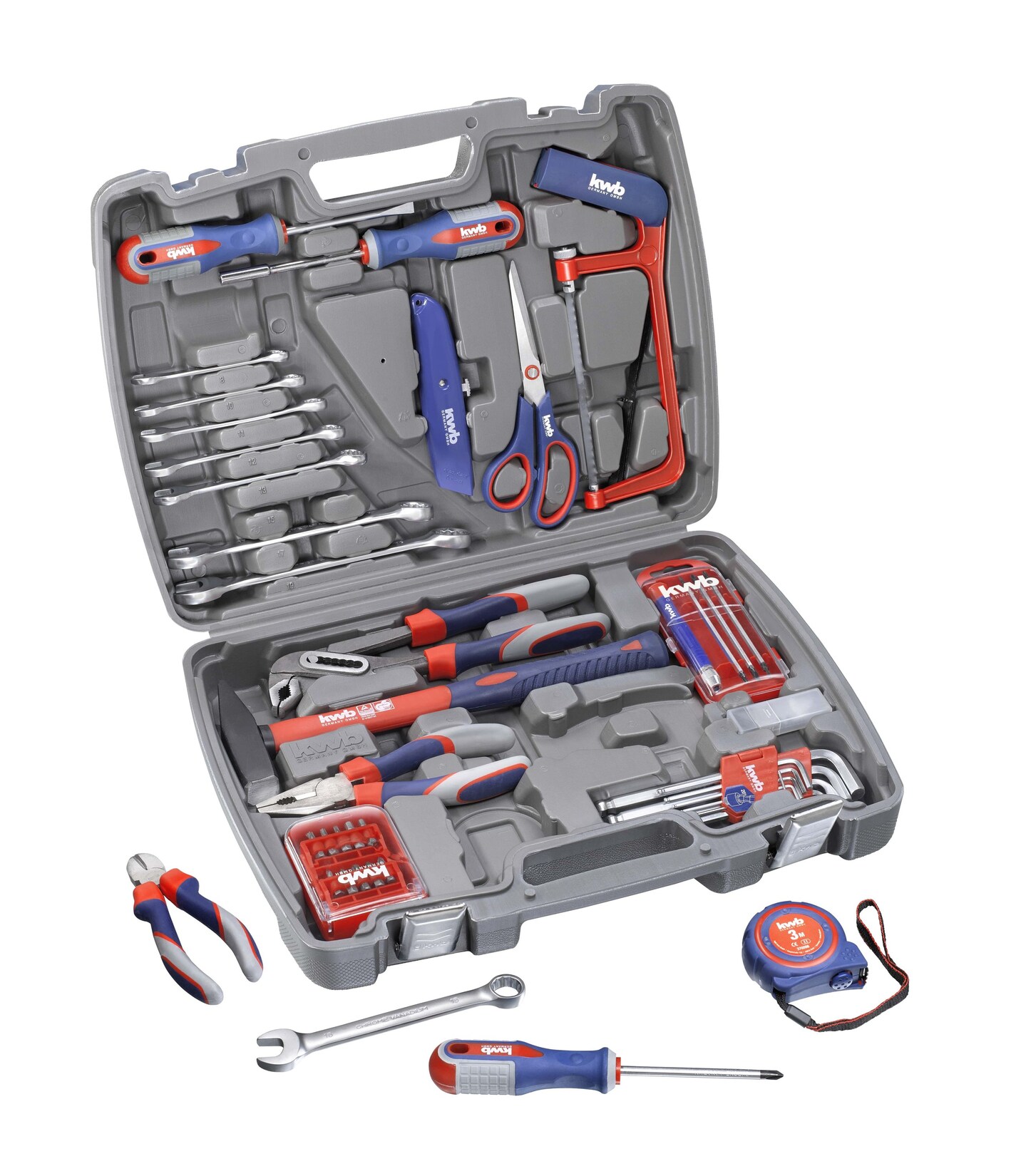 kwb Werkzeug-Koffer inkl. Werkzeug-Set, 65-teilig, gefüllt, robust und hochwertig, ideal für,den Haushalt oder oder die Garage, im praktischen Kunststoffkoffer, Mehrfarbig