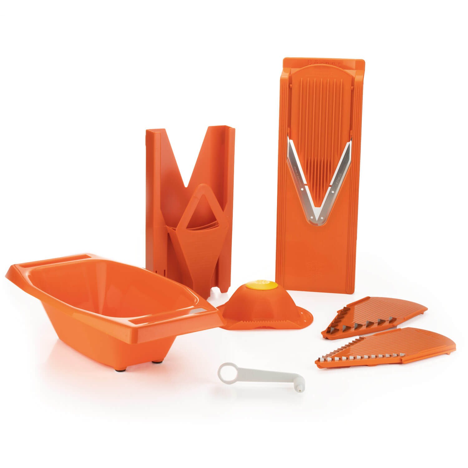 Mandoline V3 Spezial   7-teiliges Set   5 Schnittstärken   Als Pommes-Schneider geeignet   BPA-frei und rostfrei   Orange