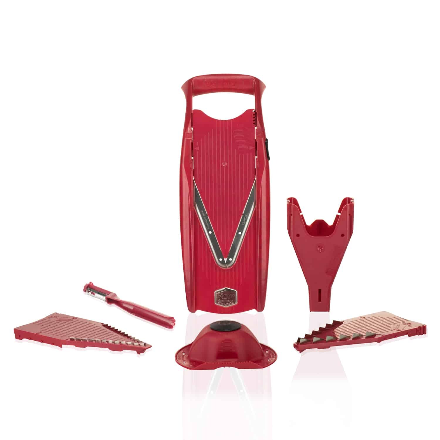 Börner V5 PowerLine Plus Set Gemüsehobel, Obst- & Gemüseschneider mit Fruchthalter, Scheibeneinschub, Sparschäler, 10 Schnittarten, 6 tlg. Set, Rot