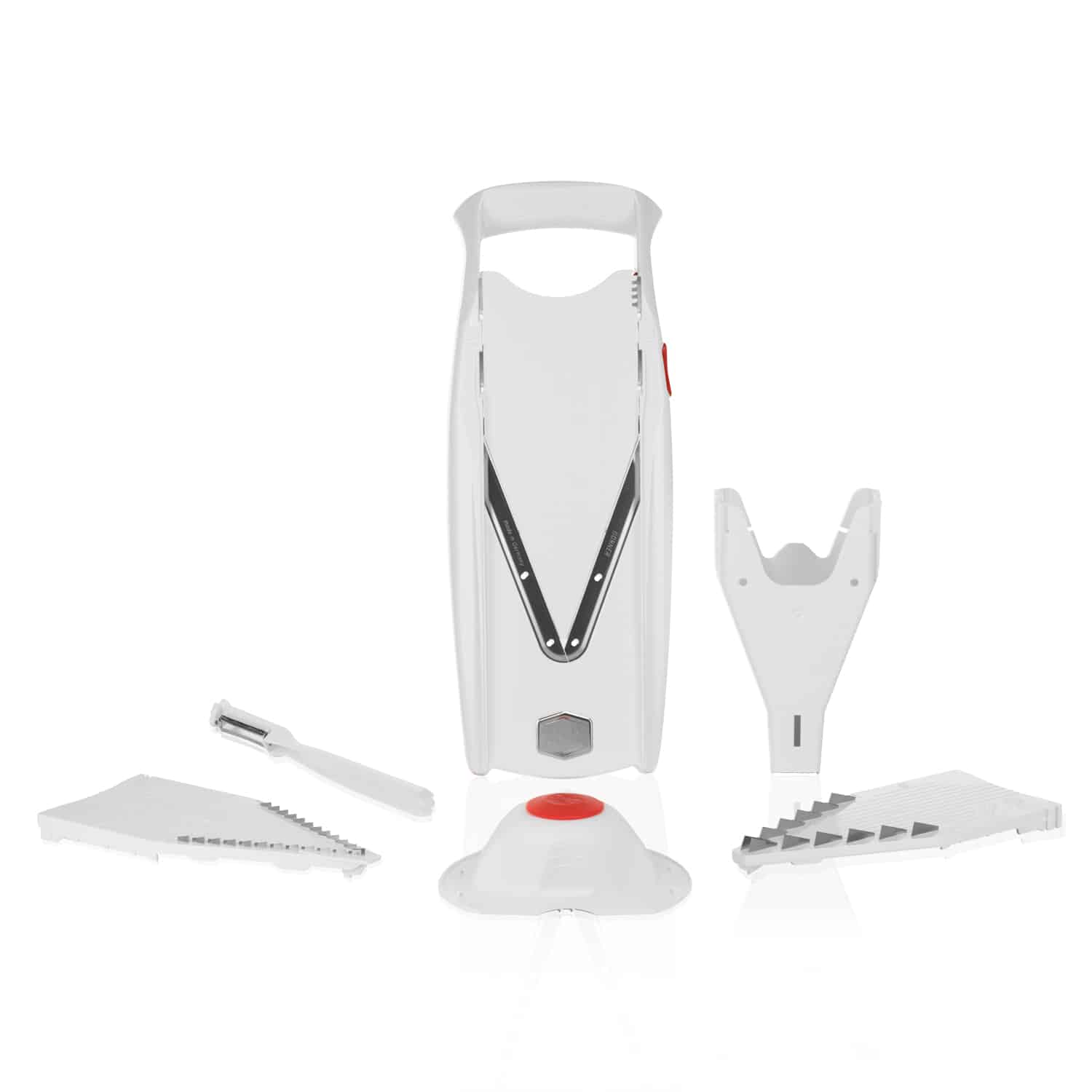 B&ouml;rner V5 PowerLine Plus Set Gem&uuml;sehobel, Obst- & Gem&uuml;seschneider mit Fruchthalter, Scheibeneinschub, Sparsch&auml;ler, 10 Schnittarten, 6 tlg. Set, Wei&szlig; - Bild 1