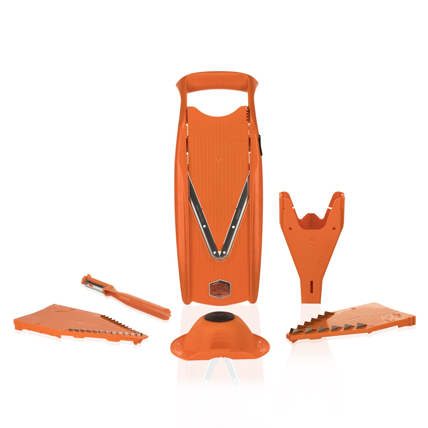 B&ouml;rner V5 PowerLine Plus Set Gem&uuml;sehobel, Obst- & Gem&uuml;seschneider mit Fruchthalter, Scheibeneinschub, Sparsch&auml;ler, 10 Schnittarten, 6 tlg. Set, Orange - Bild 1