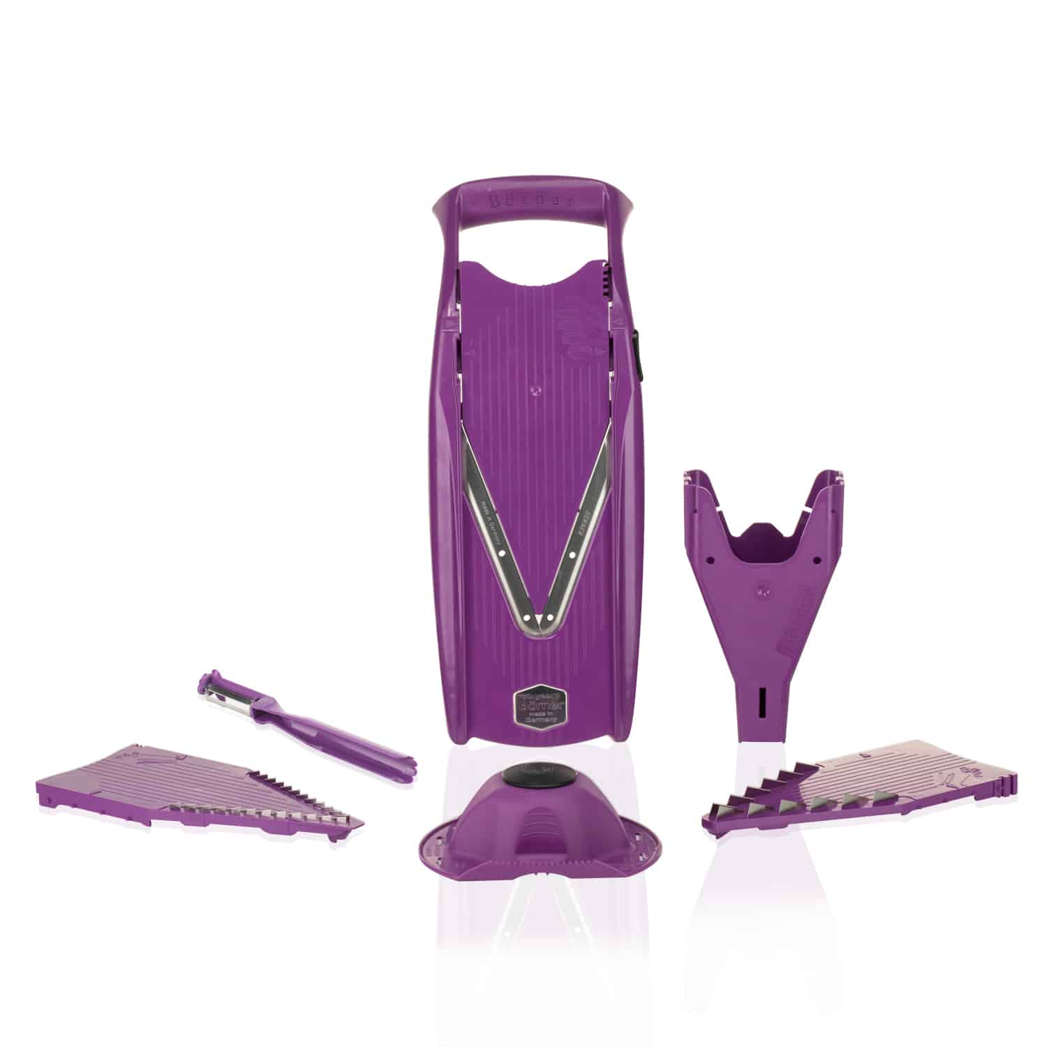 B&ouml;rner V5 PowerLine Plus Set Gem&uuml;sehobel, Obst- & Gem&uuml;seschneider mit Fruchthalter, Scheibeneinschub, Sparsch&auml;ler, 10 Schnittarten, 6 tlg. Set, Violett - Bild 1
