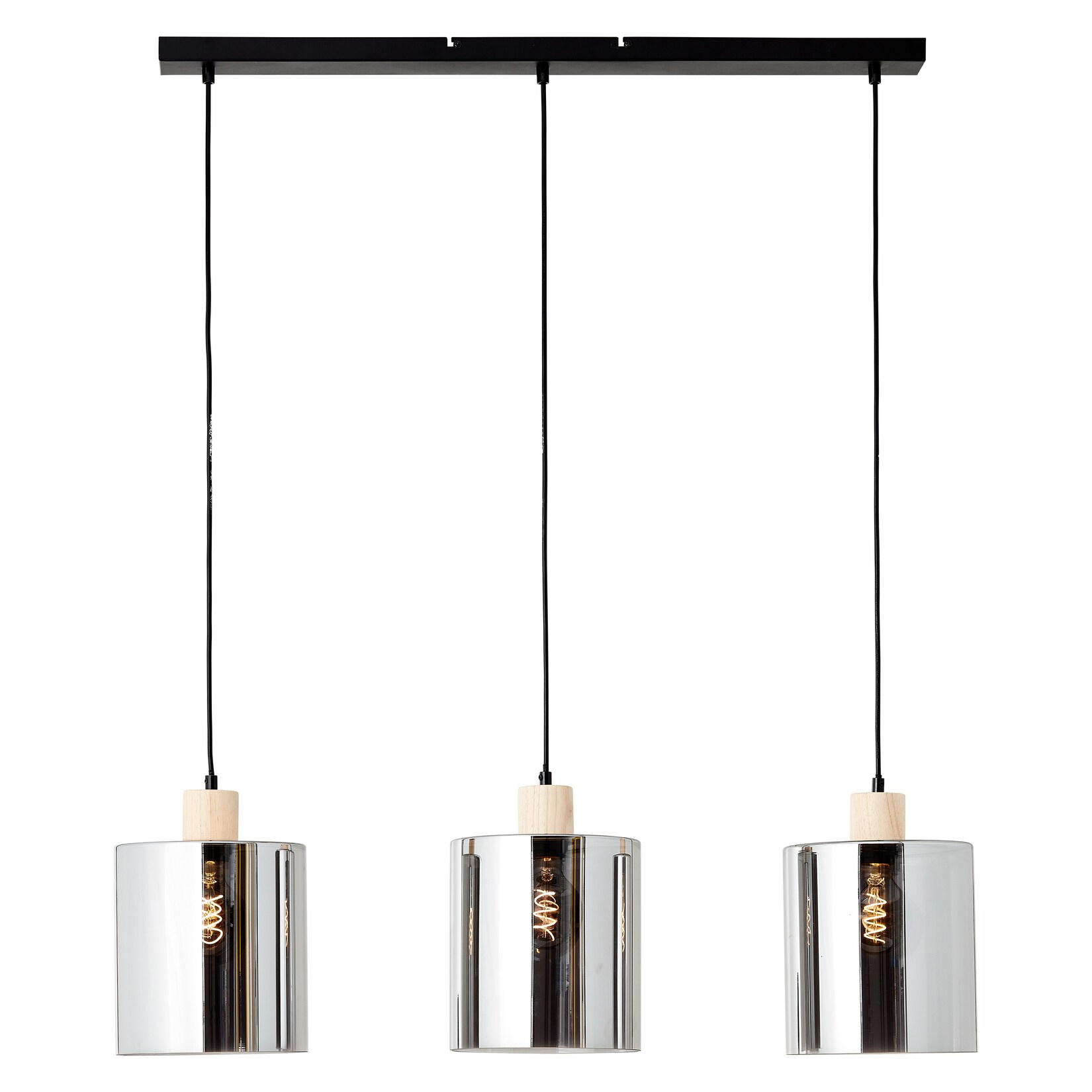 Brilliant Weald Pendelleuchte 3flg schwarz/rauch/holz Metall/Glas/Holz 3x A60 , E27 , 40 W , Geeignet für Normallampe (nicht enthalten)