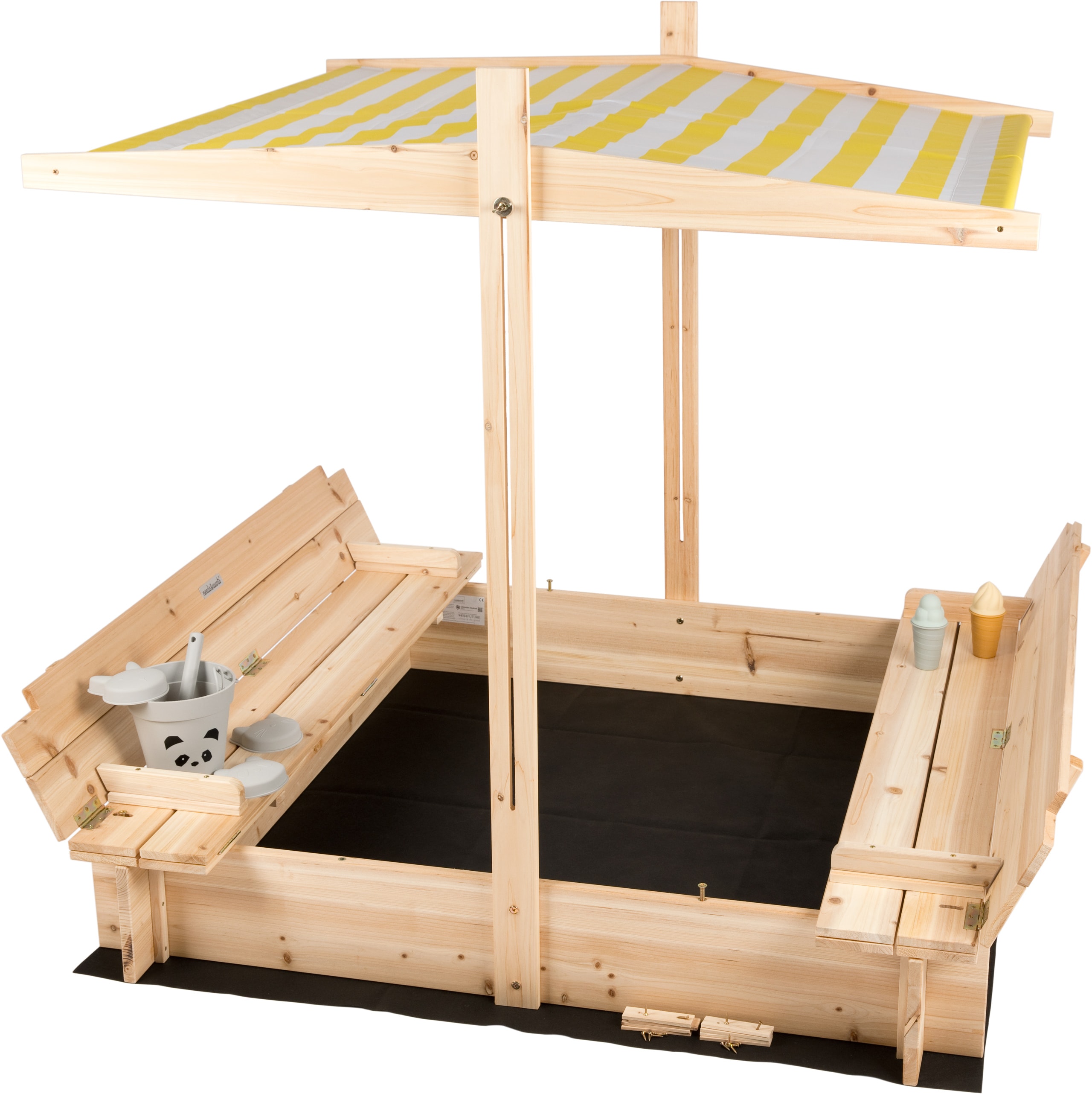 needs&wants&reg; Sandkasten mit Abdeckung Dach Deckel Sitzbank und Boden, Sandkiste Holz quadratisch verschlie&szlig;bar UV-Sonnenschutz mit Bank Outdoor Garten f&uuml;r Kinder, 120x120 cm, Tanne gelb wei&szlig; braun - Bild 1