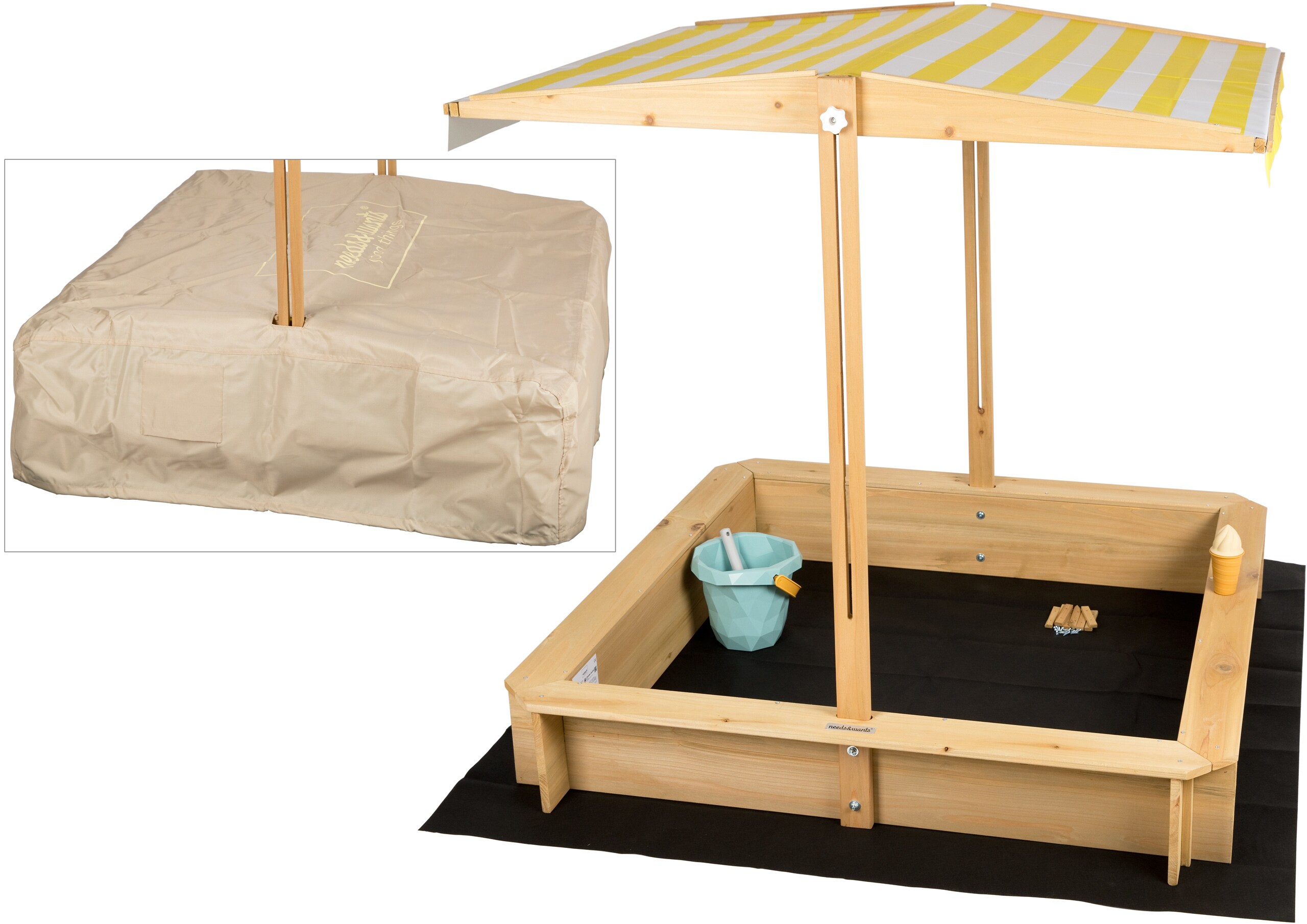 needs&wants&reg; Sandkasten mit Dach Sitzbank und Boden Vlies-Folie, mit Abdeckung Oxford 600D, Sandkiste Holz rechteckig mit B&auml;nken Outdoor Garten Kinder UV-Sonnenschutz, 113x113x113 cm, gelb wei&szlig; braun - Bild 1