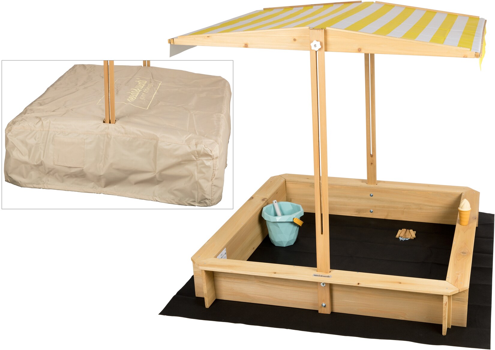 needs&wants® Sandkasten mit Dach Sitzbank und Boden Vlies-Folie, mit Abdeckung Oxford 600D, Sandkiste Holz rechteckig mit Bänken Outdoor Garten Kinder UV-Sonnenschutz, 113x113x113 cm, gelb weiß braun | 04065827310042