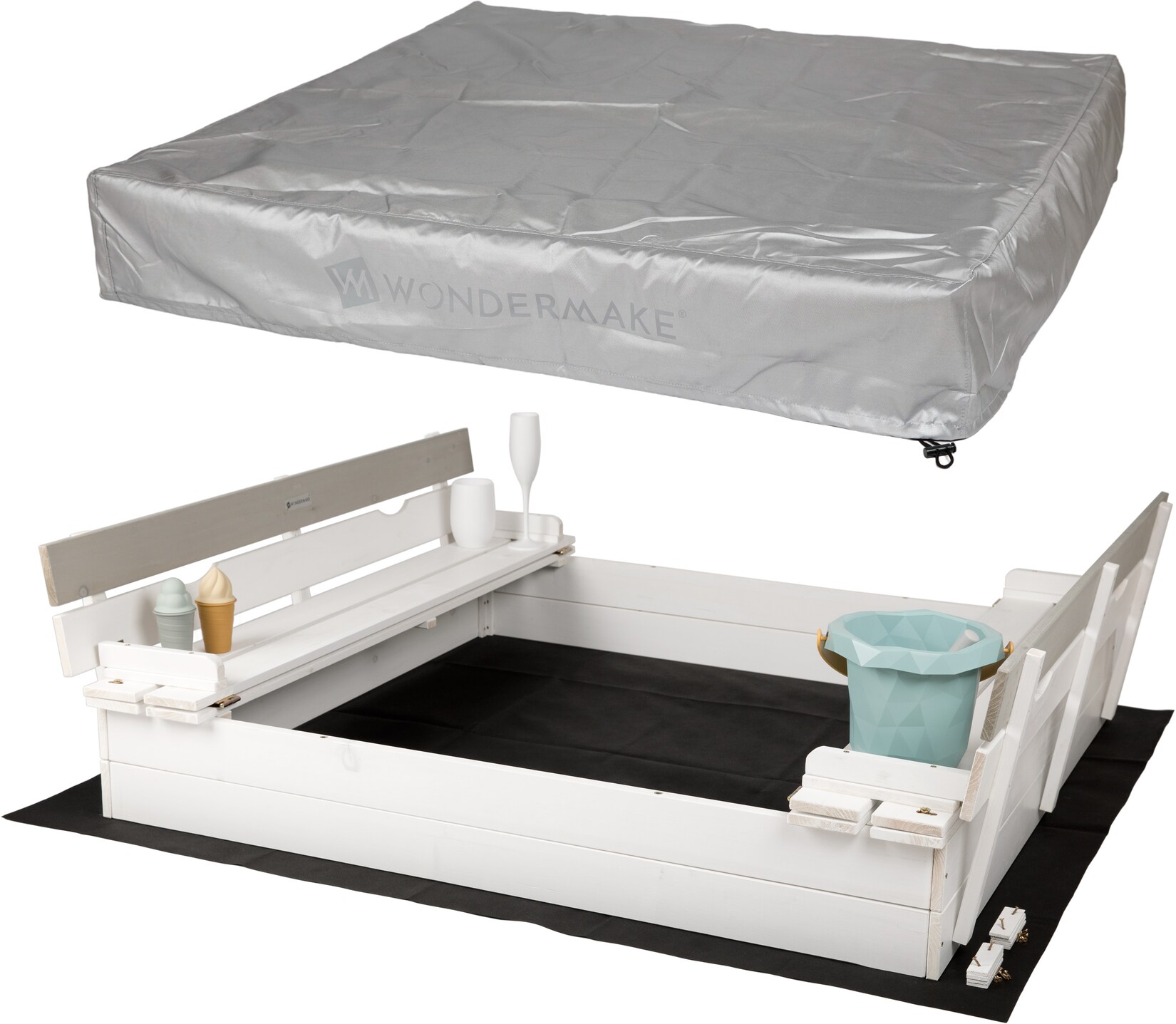 WONDERMAKE® Design Sandkasten mit Abdeckung Deckel Sitzbank und Boden, Sandkiste Holz quadratisch verschließbar mit Bank Outdoor Garten für Kinder, 120×120 cm, Tanne, weiß grau silber | 04065827310059