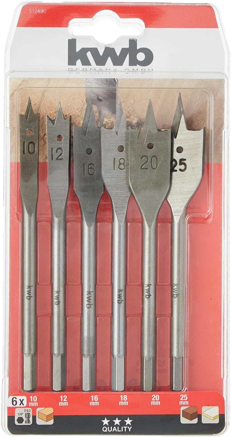 kwb Flachfr&auml;s-Bohrer Set, 6-teiliger Flach-Bohrer Satz f&uuml;r Holz 10 -25 mm, zubeh&ouml;r Schlagbormaschine - Bild 1