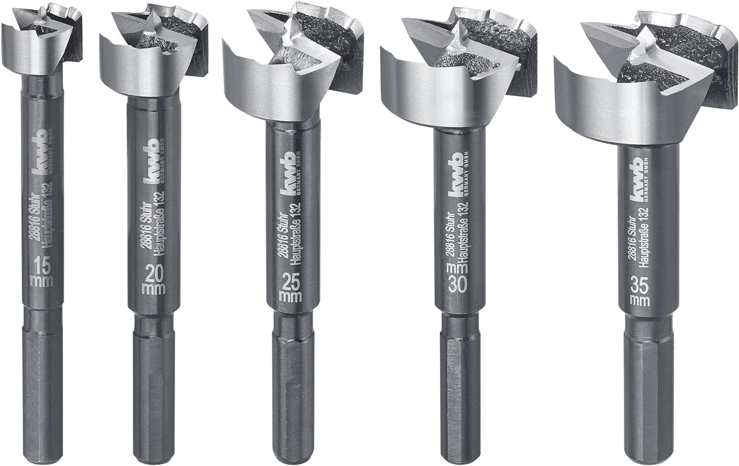 kwb Speed Forstnerbohrer-Set 15 20 25 30 und 35 mm, schnelles Bohren in allen Hölzern, Bohrer-Satz zur Holzbearbeitung, DIN 7483 G, mit 8 mm Schaft, insb. für Akku-Schrauber und Akku-Bohrschrauber