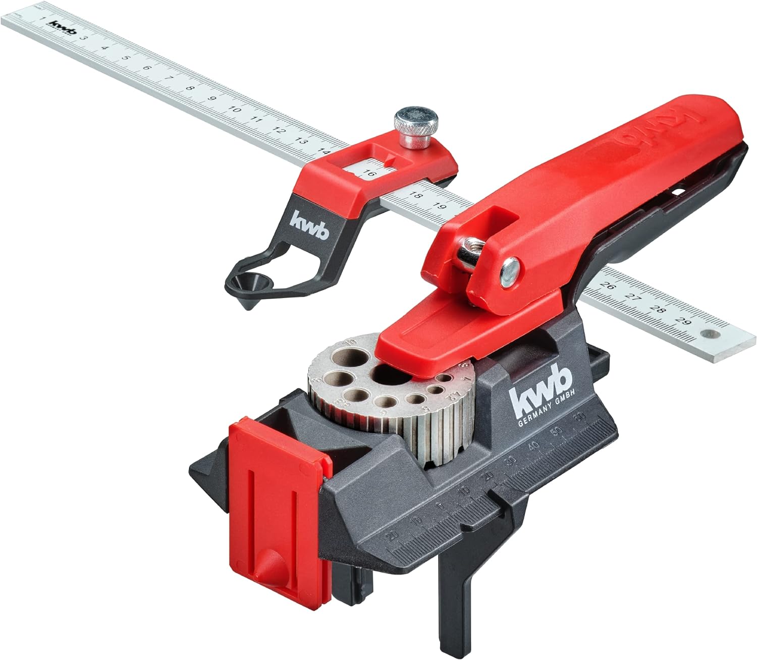 kwb D&uuml;belhilfe/D&uuml;bellehre mit 30 cm Lineal, 3-12 mm Bohrl&ouml;cher inkl. Kernlochma&szlig;en, Schablone zum gerade Bohren in Holz, Metall u. v. m., D&uuml;belbohrlehre zum Verd&uuml;beln - Bild 1