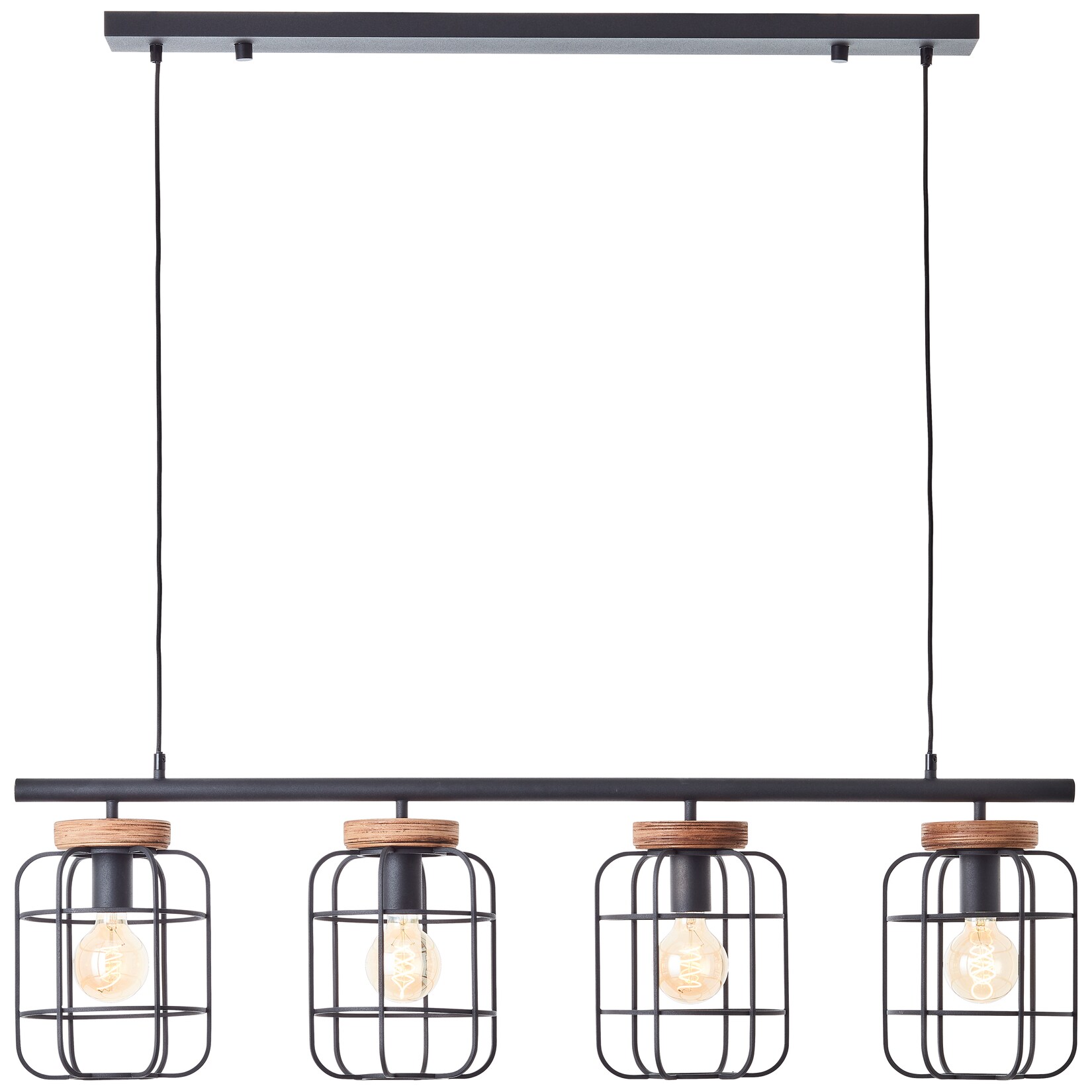 Brilliant Lampe Gwen Pendelleuchte 4flg schwarz stahl/holz Aluminium schwarz 4x A60 , E27 , 40 W