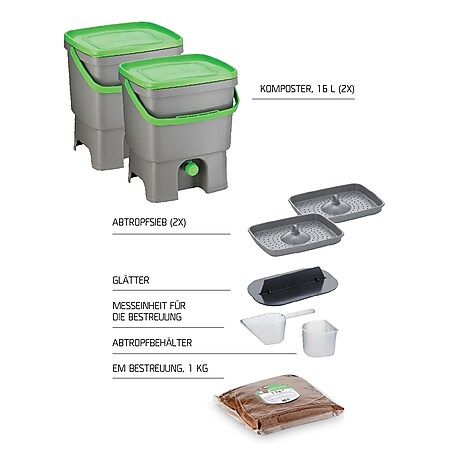 Skaza Bokashi Organko Set mit 2 Küchenkompostbehältern aus recyceltem Kunststoff 