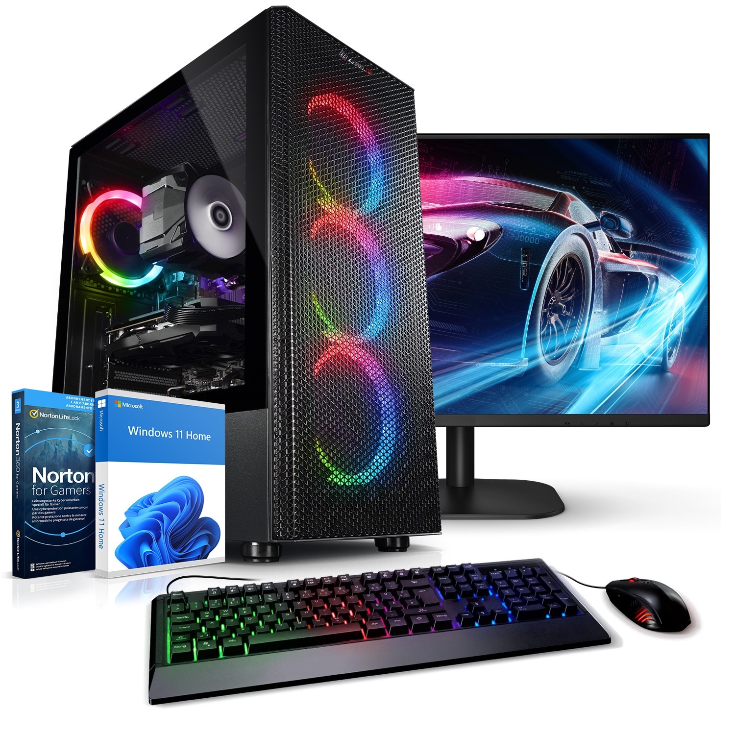 PC Set Gaming mit 27 Zoll TFT Total V AMD Ryzen 7 5700X, 32GB DDR4, NVIDIA RTX 5060 Ti 8 GB, 1TB SSD, WLAN, Windows 11