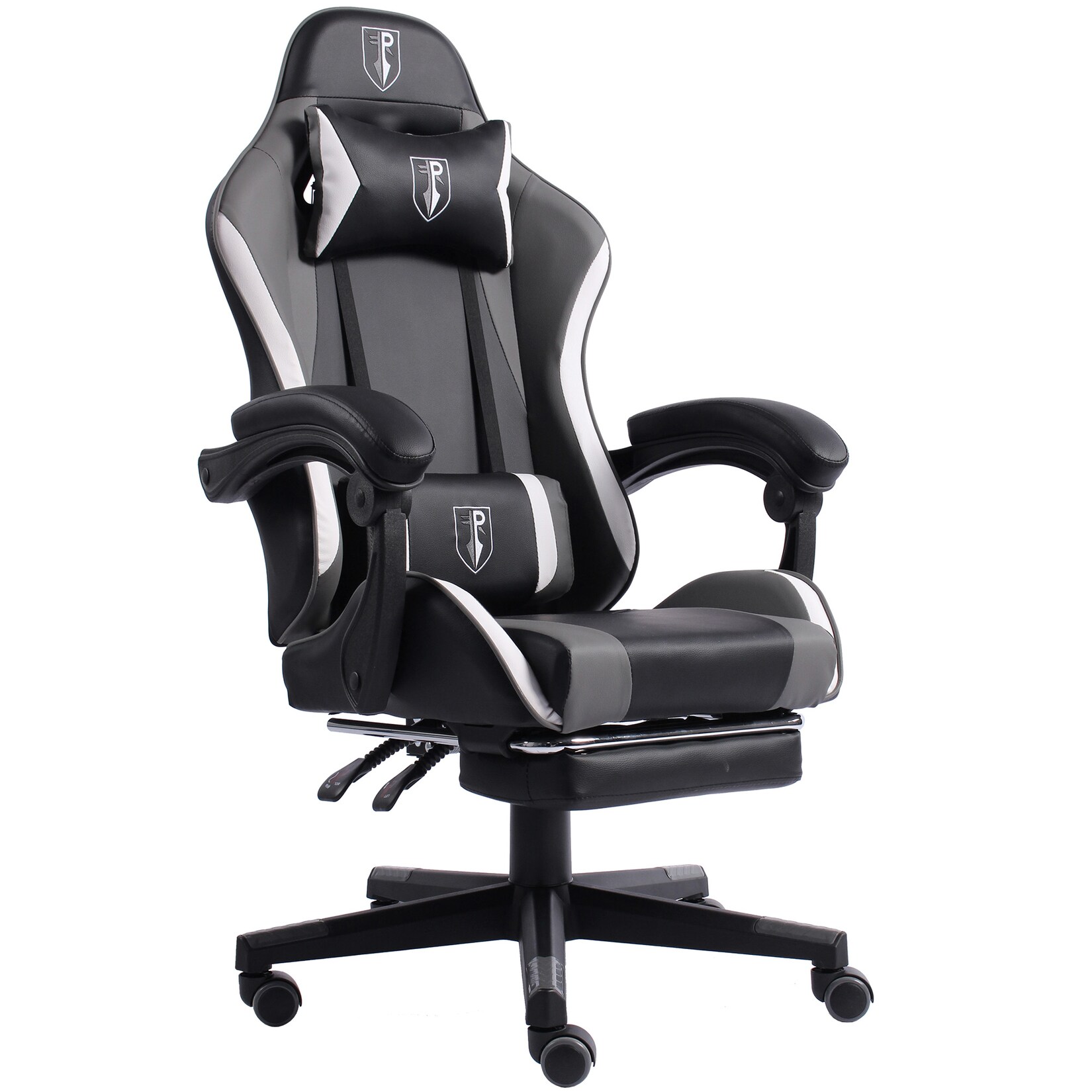 Gaming Chair im Racing-Design mit flexiblen gepolsterten Armlehnen – ergonomischer PC Gaming Stuhl in Lederoptik – Gaming Schreibtischstuhl mit ausziehbarer Fußstütze und extra Stützkissen | 04250931574699