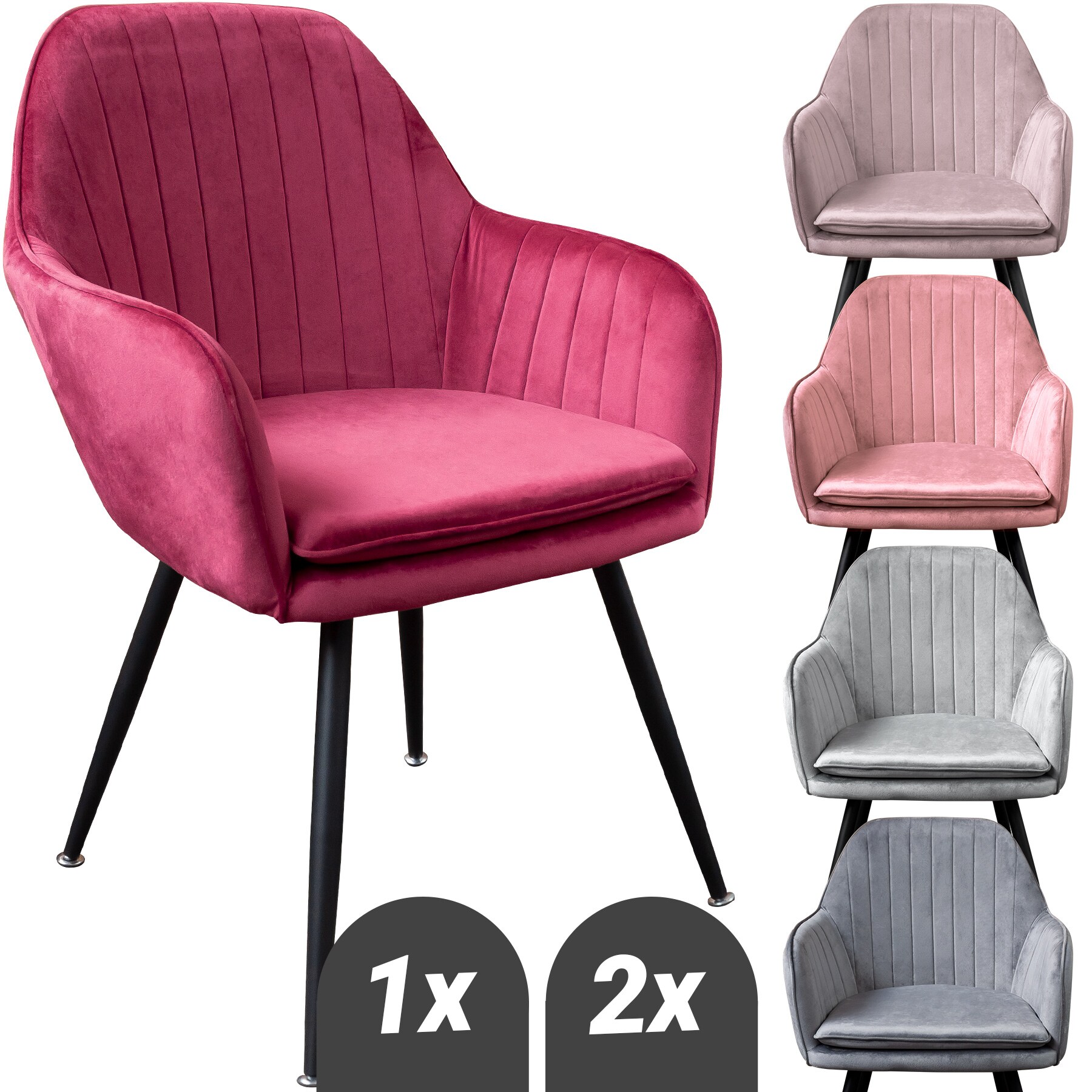 Edle Esszimmerst&uuml;hle in Steppoptik - pflegeleichte Loungesessel mit Armlehnen - gepolsterte K&uuml;chenst&uuml;hle mit abgestepptem Samtbezug - stabile St&uuml;hle Esszimmer mit Metallgestell - Bild 1